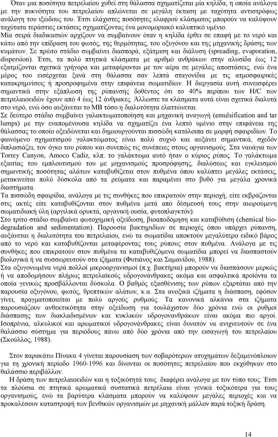 Μία σειρά διαδικασιών αρχίζουν να συμβαίνουν όταν η κηλίδα έρθει σε επαφή με το νερό και κάτω από την επίδραση του φωτός, της θερμότητας, του οξυγόνου και της μηχανικής δράσης των κυμάτων.