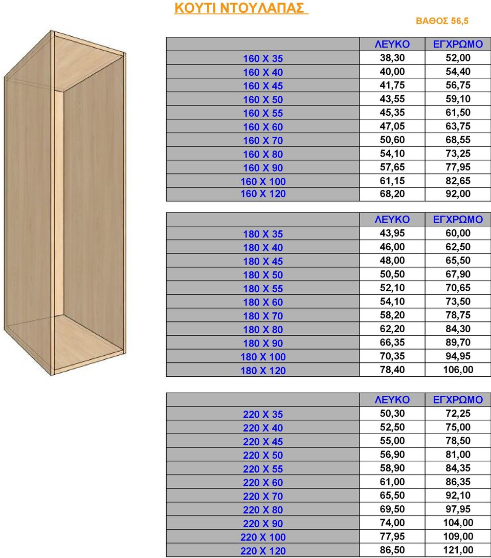 180 Χ 60 54,10 73,50 180 Χ 70 58,20 78,75 180 Χ 80 62,20 84,30 180 Χ 90 66,35 89,70 180 Χ 100 70,35 94,95 180 X 120 78,40 106,00 220 Χ 35 50,30 72,25 220 Χ 40 52,50 75,00 220 Χ 45