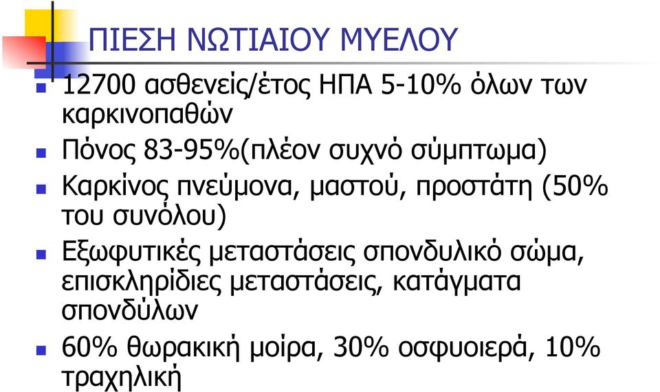 (50% του συνόλου) Εξωφυτικές µεταστάσεις σπονδυλικό σώµα, επισκληρίδιες