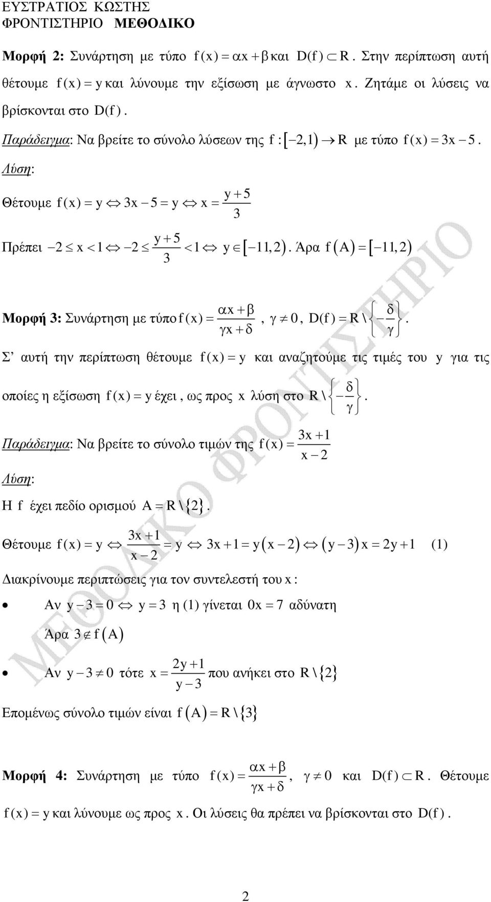 Άρα f( A) = [, ) α +β Μορφή : Συνάρτηση µε τύπο f () =, γ 0, D(f ) = R \ δ γ +δ γ.