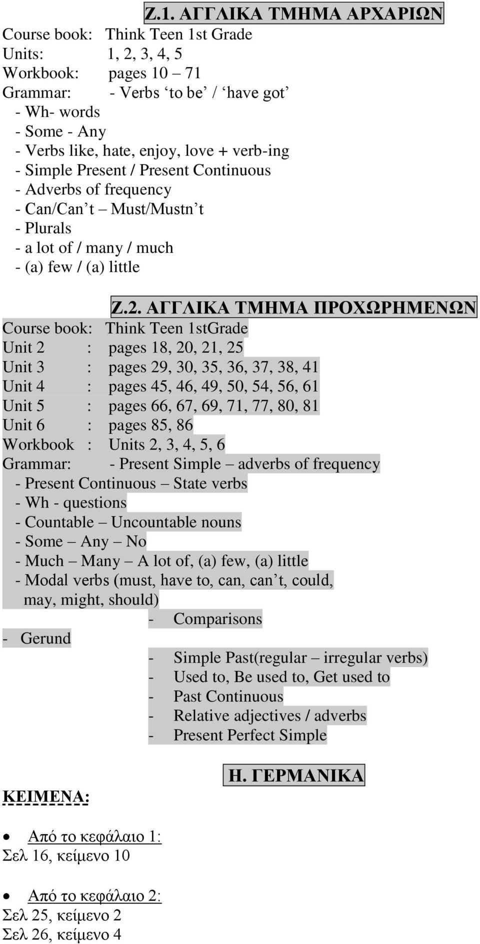 ΑΓΓΛΙΚΑ ΤΜΗΜΑ ΠΡΟΧΩΡΗΜΕΝΩΝ Course book: Think Teen 1stGrade Unit 2 : pages 18, 20, 21, 25 Unit 3 : pages 29, 30, 35, 36, 37, 38, 41 Unit 4 : pages 45, 46, 49, 50, 54, 56, 61 Unit 5 : pages 66, 67,