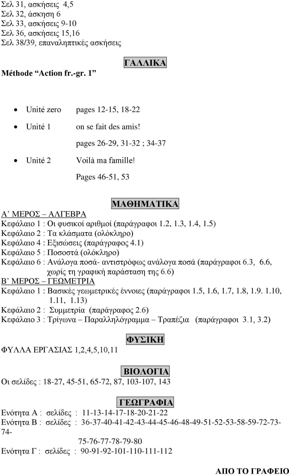 Pages 46-51, 53 ΜΑΘΗΜΑΤΙΚΑ Α ΜΕΡΟΣ ΑΛΓΕΒΡΑ Κεφάλαιο 1 : Οι φυσικοί αριθμοί (παράγραφοι 1.2, 1.3, 1.4, 1.5) Κεφάλαιο 2 : Τα κλάσματα (ολόκληρο) Κεφάλαιο 4 : Εξισώσεις (παράγραφος 4.