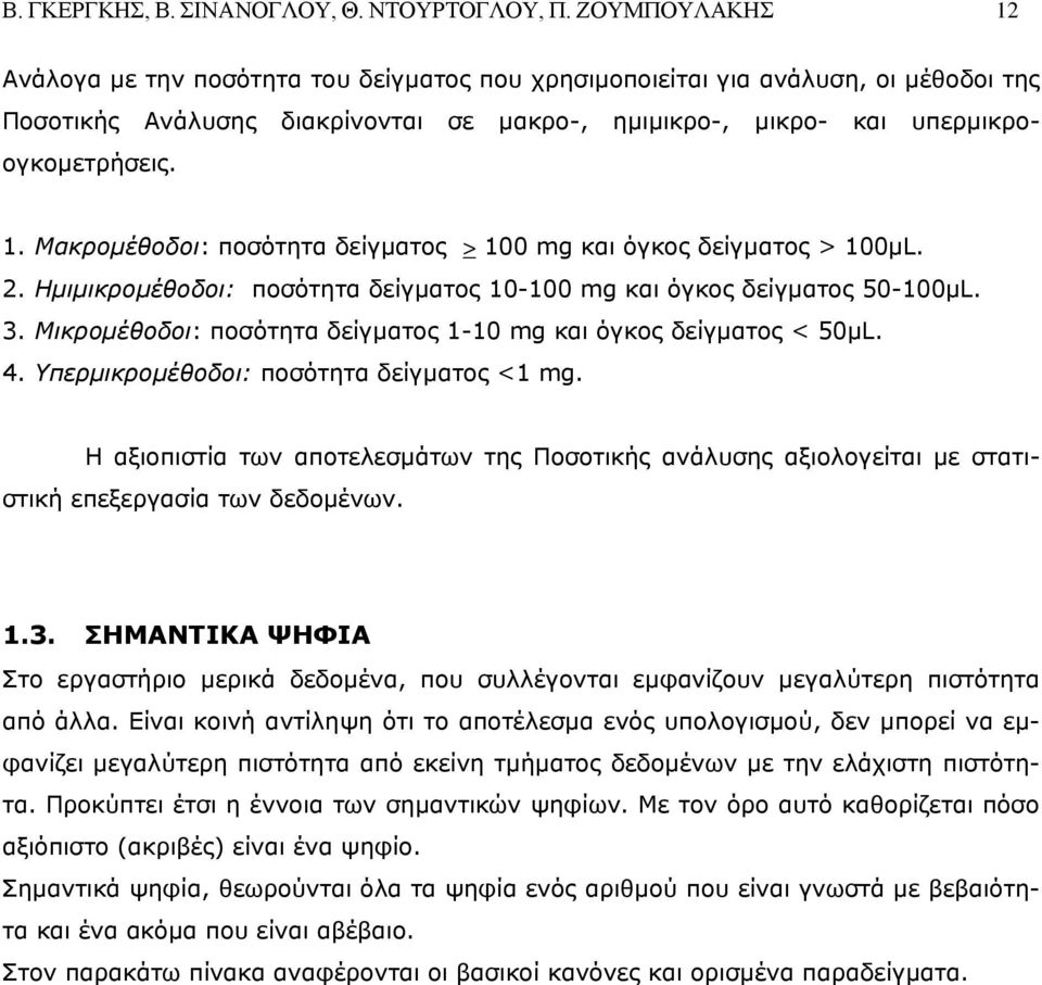 2. Ημιμικρομέθοδοι: ποσότητα δείγματος 10-100 mg και όγκος δείγματος 50-100μL. 3. Μικρομέθοδοι: ποσότητα δείγματος 1-10 mg και όγκος δείγματος < 50μL. 4. Υπερμικρομέθοδοι: ποσότητα δείγματος <1 mg.