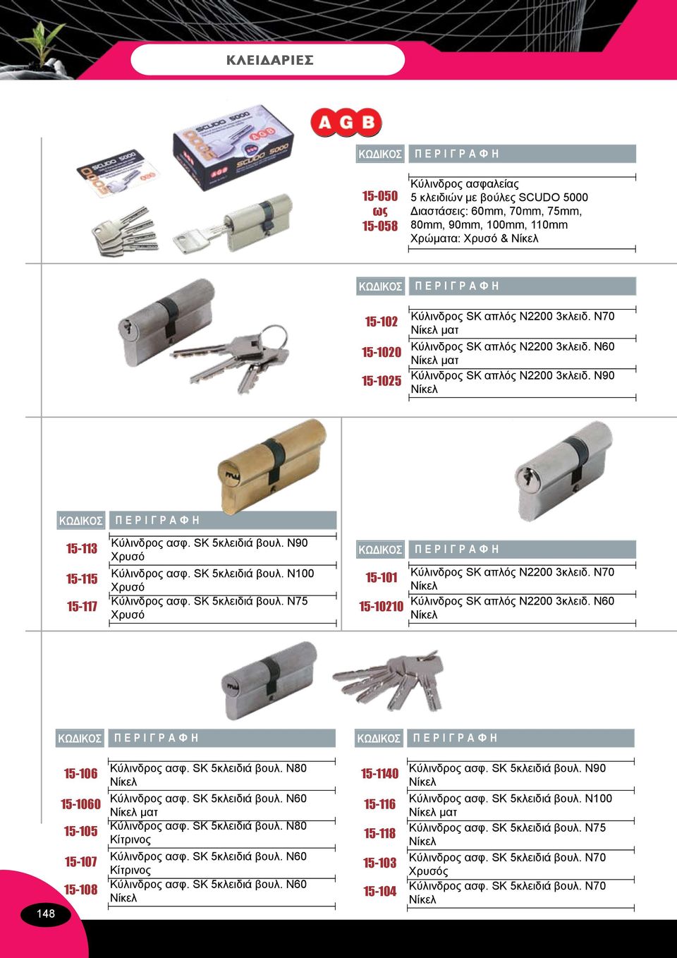SK 5κλειδιά βουλ. Ν100 Xρυσό Κύλινδρος ασφ. SK 5κλειδιά βουλ. Ν75 Xρυσό 15-101 15-10210 Κύλινδρος SK απλός Ν2200 3κλειδ. Ν70 Νίκελ Κύλινδρος SK απλός Ν2200 3κλειδ.