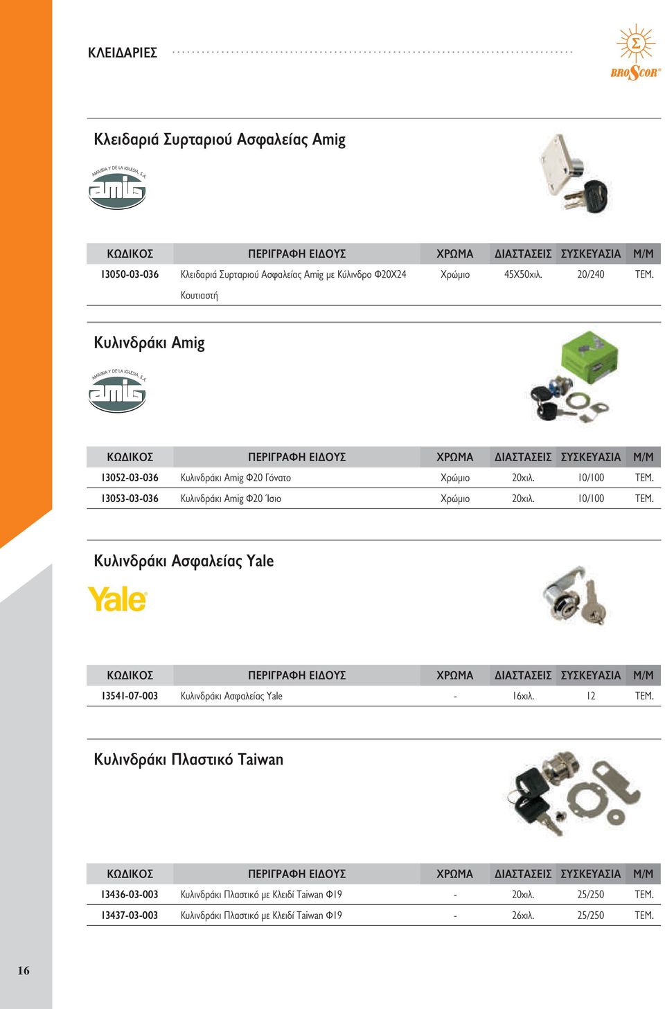 13053-03-036 Κυλινδράκι Amig Φ20 Ίσιο Χρώμιο 20χιλ. 10/100 ΤΕΜ. Κυλινδράκι Ασφαλείας Yale 13541-07-003 Κυλινδράκι Ασφαλείας Yale - 16χιλ.