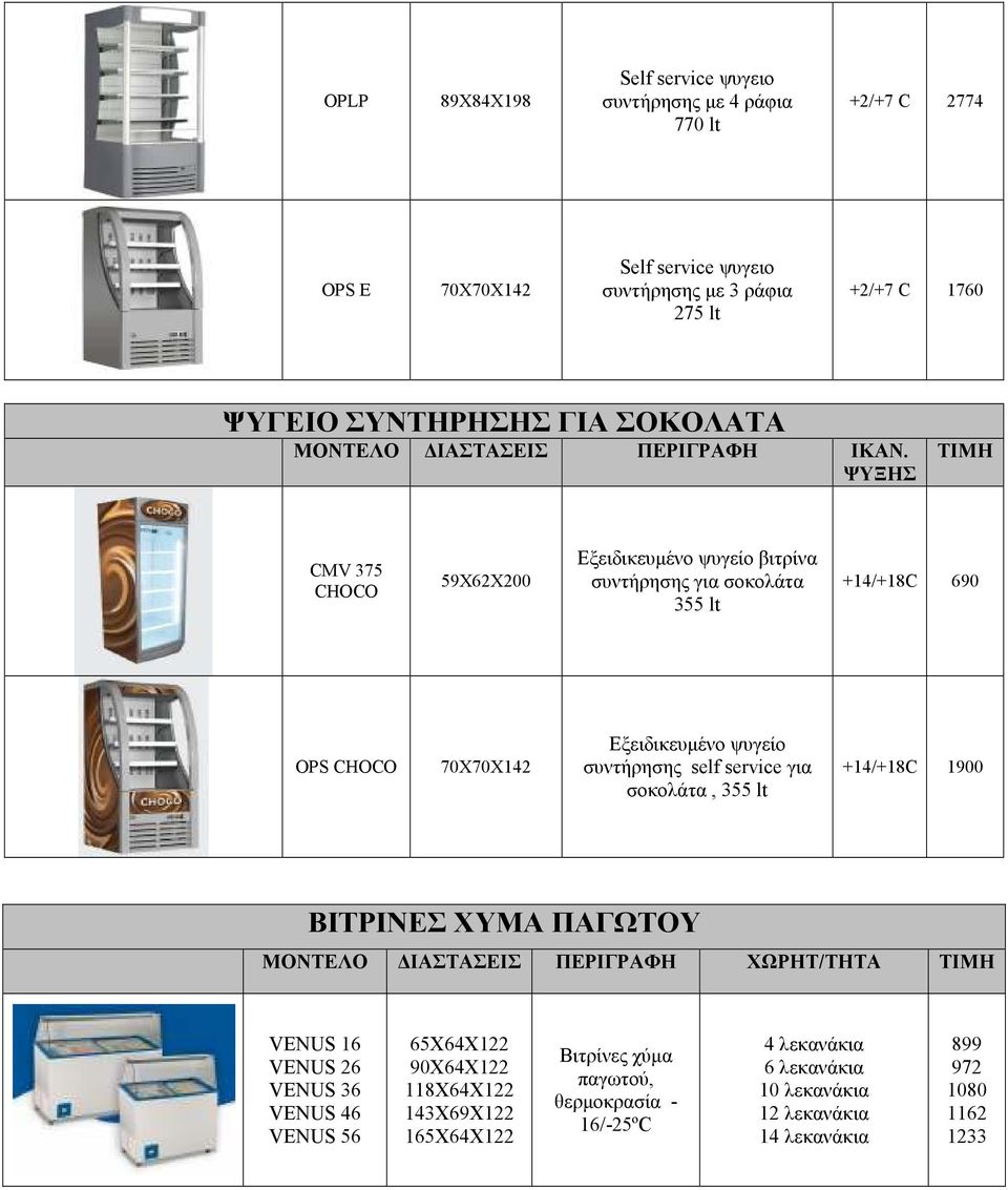 CMV 375 CHOCO 59X62X200 Εξειδικευµένο ψυγείο βιτρίνα συντήρησης για σοκολάτα 355 lt +14/+18C 690 OPS CHOCO 70X70X142 Εξειδικευµένο ψυγείο συντήρησης self service για σοκολάτα,