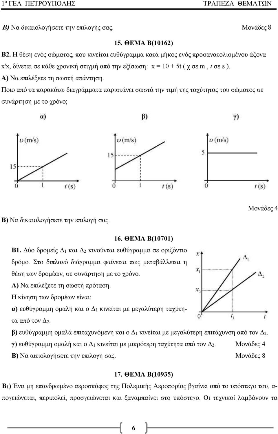 Ποιο από τα παρακάτω διαγράμματα παριστάνει σωστά την τιμή της ταχύτητας του σώματος σε συνάρτηση με το χρόνο; Β) Να δικαιολογήσετε την επιλογή σας. Μονάδες 4 16. ΘΕΜΑ Β(10701) Β1.