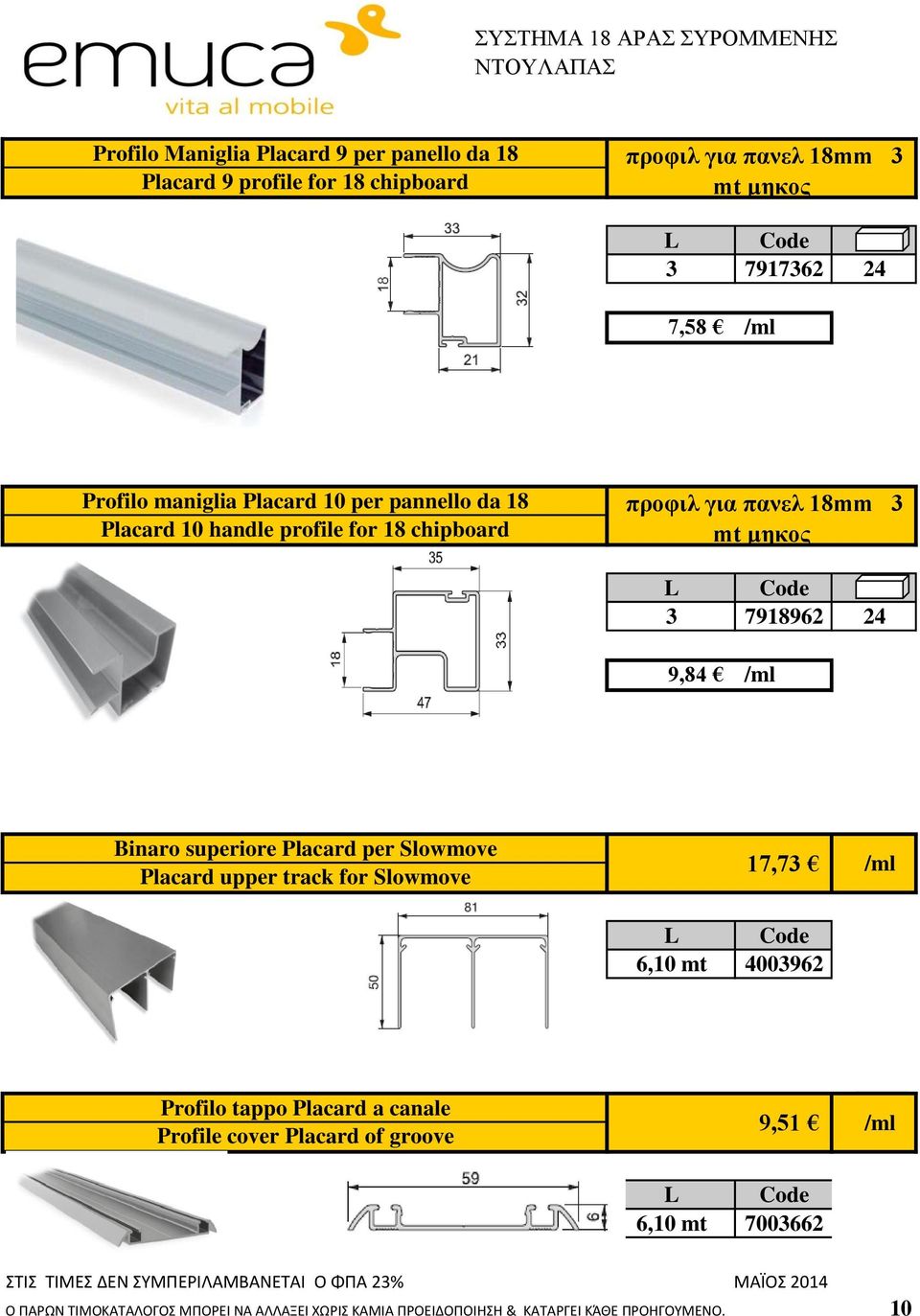 superiore Placard per Slowmove Placard upper track for Slowmove 17,73 /ml L Code 6,10 mt 4003962 Profilo tappo Placard a canale Profile cover Placard of groove 9,51 /ml L