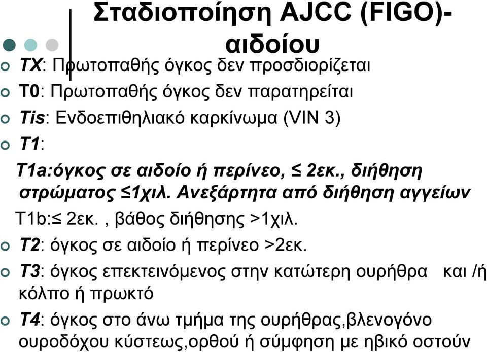 Ανεξάρτητα από διήθηση αγγείων Τ1b: 2εκ., βάθος διήθησης >1χιλ. T2: όγκος σε αιδοίο ή περίνεο >2εκ.