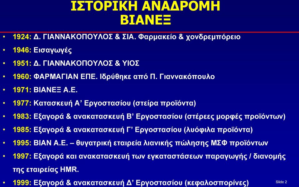 Α.Ε. 1977: Κατασκευή Α Εργοστασίου (στείρα προϊόντα) 1983: Εξαγορά & ανακατασκευή Β Εργοστασίου (στέρεες μορφές προϊόντων) 1985: Εξαγορά &