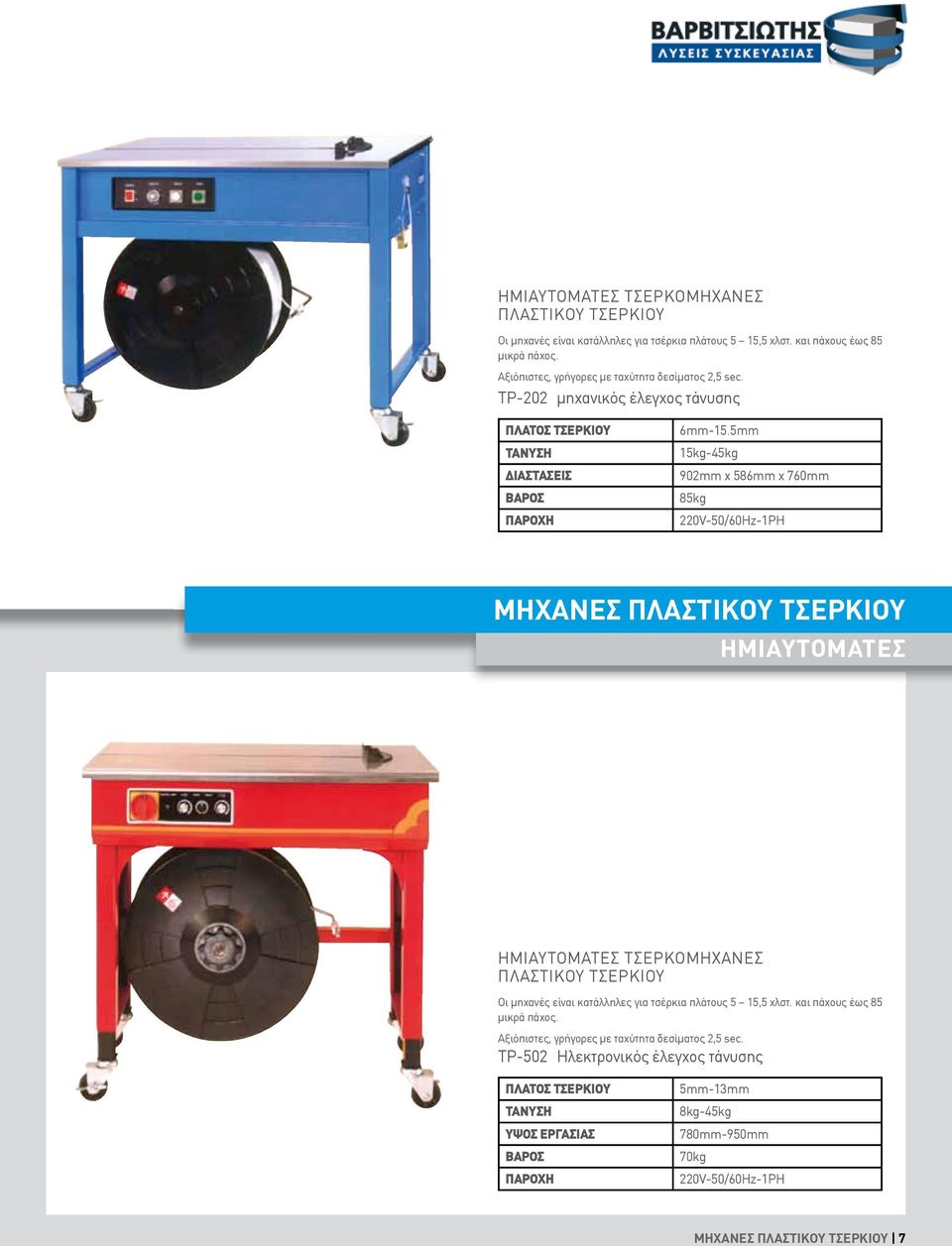 5mm 15kg-45kg 902mm x 586mm x 760mm 85kg 220V-50/60Hz-1PH ΜΗΧΑΝΕΣ ΠΛΑΣΤΙΚΟΥ ΤΣΕΡΚΙΟΥ ΗΜΙΑΥΤΟΜΑΤΕΣ  Αξιόπιστες, γρήγορες µε ταχύτητα δεσίµατος 2,5 sec.