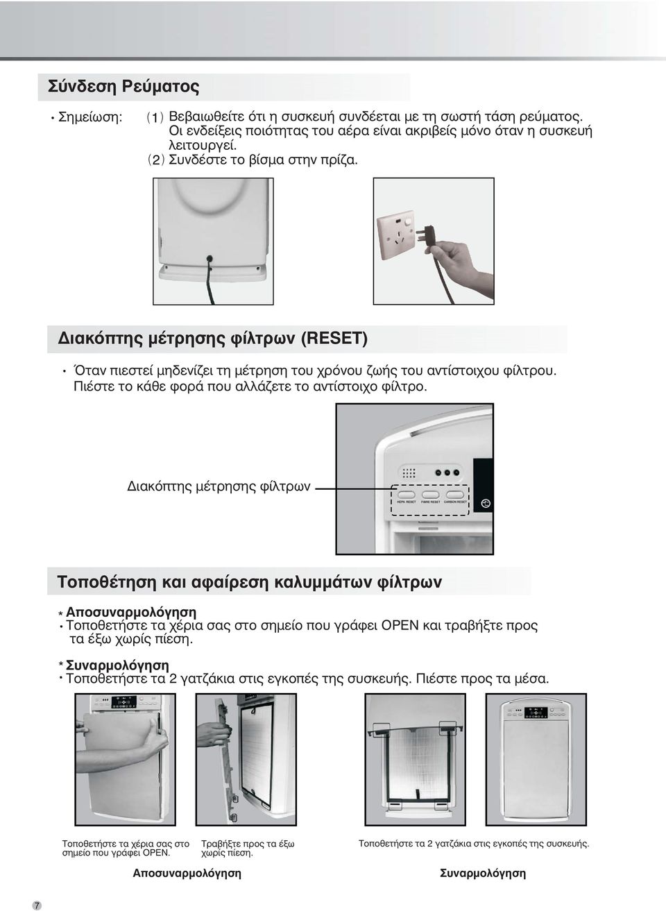 Διακόπτης μέτρησης φίλτρων Τοποθέτηση και αφαίρεση καλυμμάτων φίλτρων Αποσυναρμολόγηση Τοποθετήστε τα χέρια σας στο σημείο που γράφει OPEN και τραβήξτε προς τα έξω χωρίς πίεση.