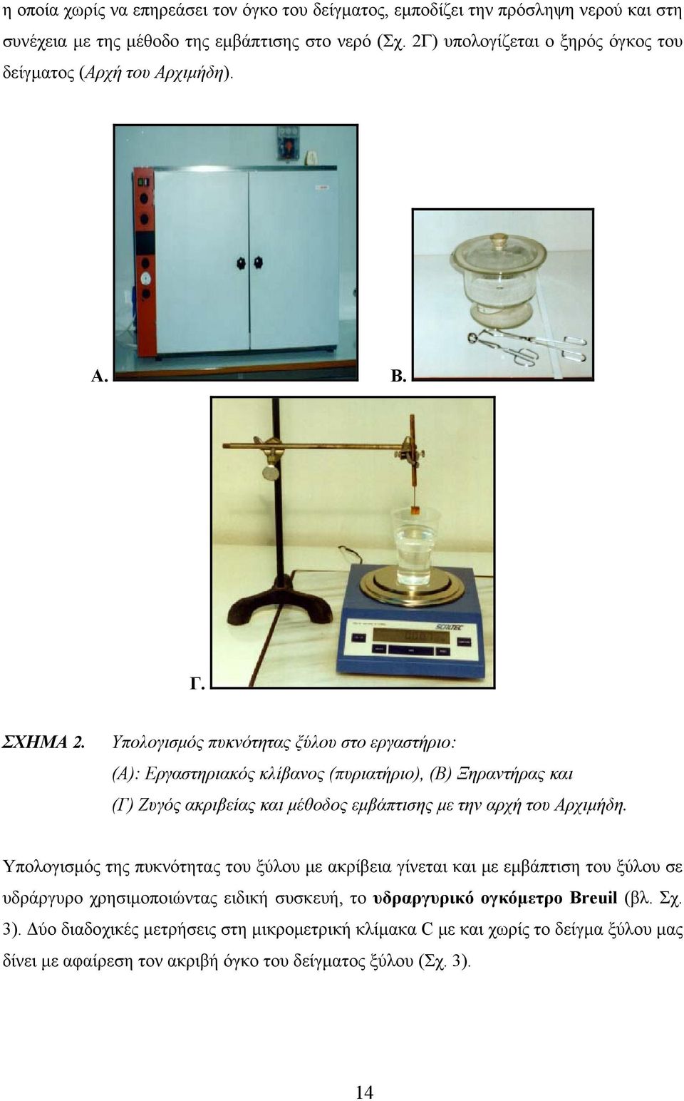 Υπολογισμός πυκνότητας ξύλου στο εργαστήριο: (Α): Εργαστηριακός κλίβανος (πυριατήριο), (Β) Ξηραντήρας και (Γ) Ζυγός ακριβείας και μέθοδος εμβάπτισης με την αρχή του Αρχιμήδη.