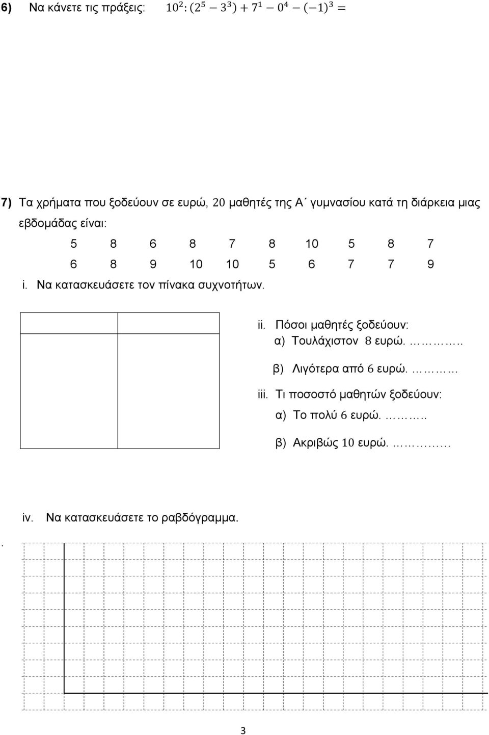 Να κατασκευάσετε τον πίνακα συχνοτήτων. ii. Πόσοι μαθητές ξοδεύουν: α) Τουλάχιστον 8 ευρώ.