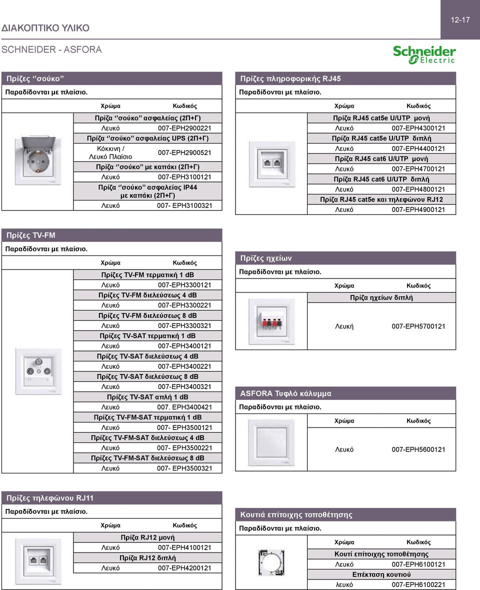 cat6 U/UTP μονή 007-EPH4700121 Πρίζα RJ45 cat6 U/UTP διπλή 007-EPH4800121 Πρίζα RJ45 cat5e και τηλεφώνου RJ12 007-EPH4900121 Πρίζες TV-FM Πρίζες TV-FM τερματική 1 db 007-EPH3300121 Πρίζες TV-FM