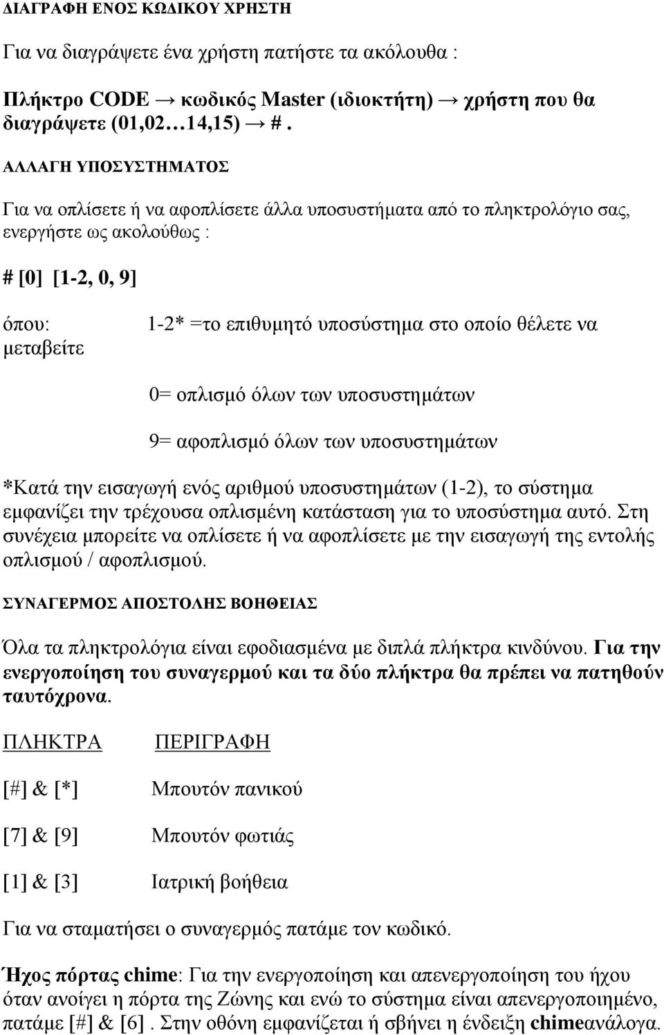 θέλετε να 0= οπλισμό όλων των υποσυστημάτων 9= αφοπλισμό όλων των υποσυστημάτων *Κατά την εισαγωγή ενός αριθμού υποσυστημάτων (1-2), το σύστημα εμφανίζει την τρέχουσα οπλισμένη κατάσταση για το