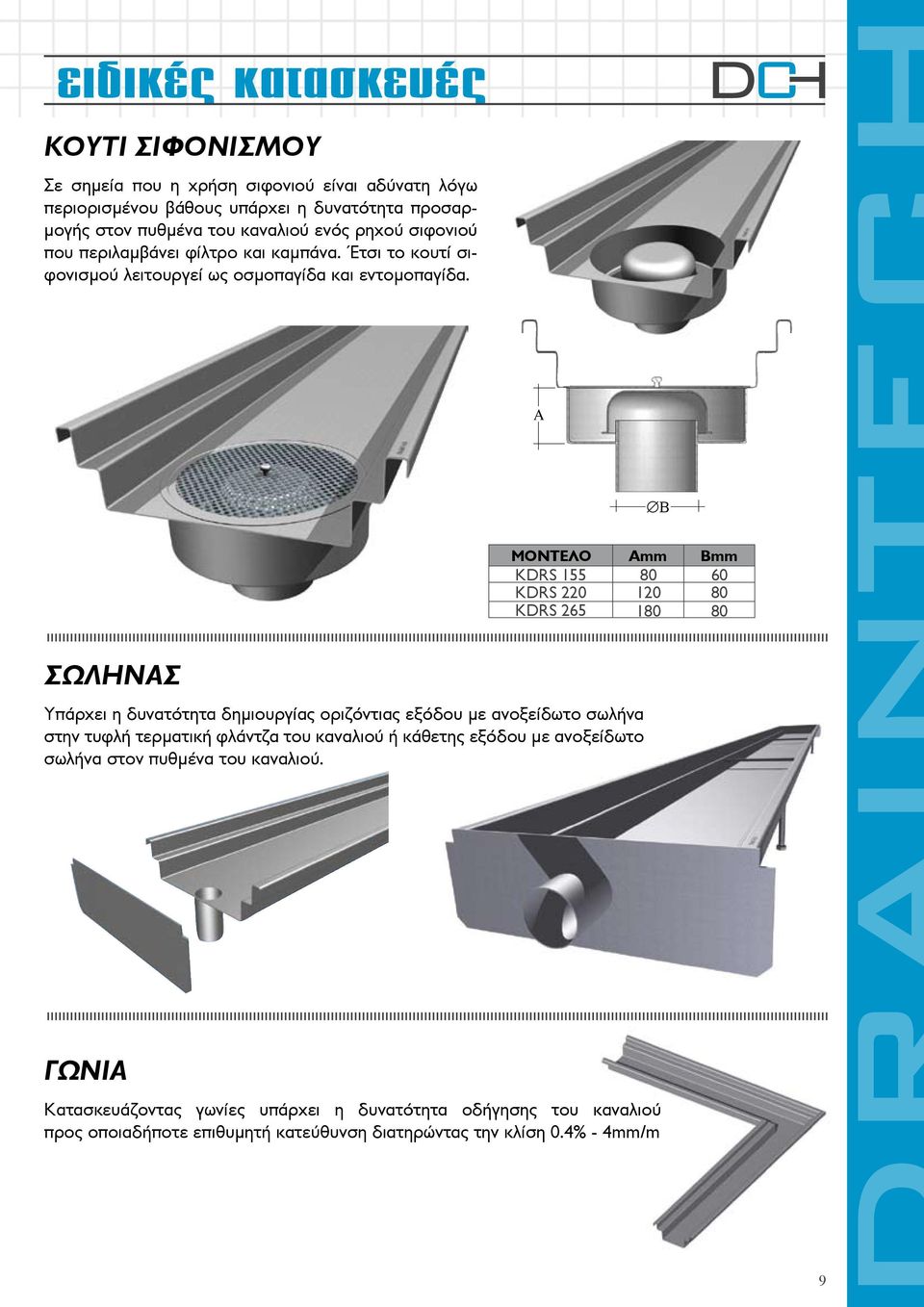 A B ΜΟΝΤΕΛΟ KDRS 155 KDRS 220 KDRS 265 Αmm Bmm 80 60 120 80 180 80 ΣΩΛΗΝΑΣ Υπάρχει η δυνατότητα δημιουργίας οριζόντιας εξόδου με ανοξείδωτο σωλήνα στην τυφλή τερματική