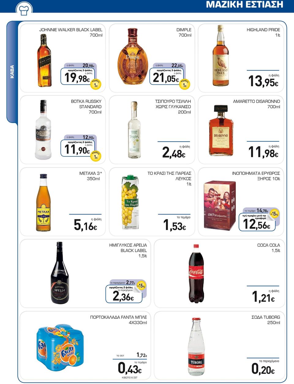 11,98 METAXA 3* 350ml* ΤΟ ΚΡΑΣΙ ΤΗΣ ΠΑΡΕΑΣ ΛΕΥΚΟΣ 1lt INOΠΟΙΗΜΑΤΑ ΕΡΥΘΡΟΣ ΞΗΡΟΣ 10lt 14,78 τιμή μετά την -15% 5,16 1,53 12,56 ΗΜΙΓΛΥΚΟΣ APELIA BLACK LABEL 1,5lt COCA