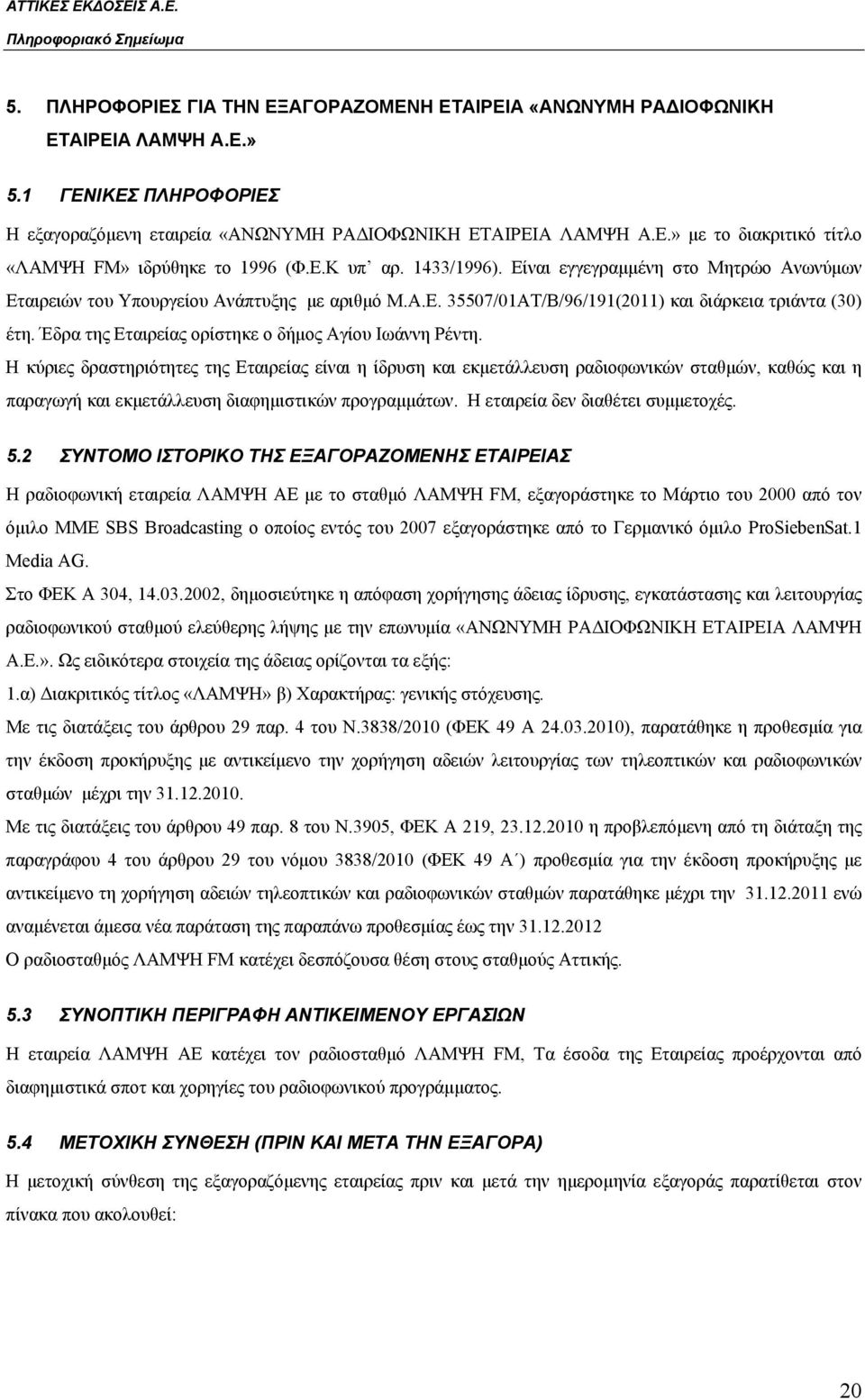 Έδρα της Εταιρείας ορίστηκε ο δήμος Αγίου Ιωάννη Ρέντη.