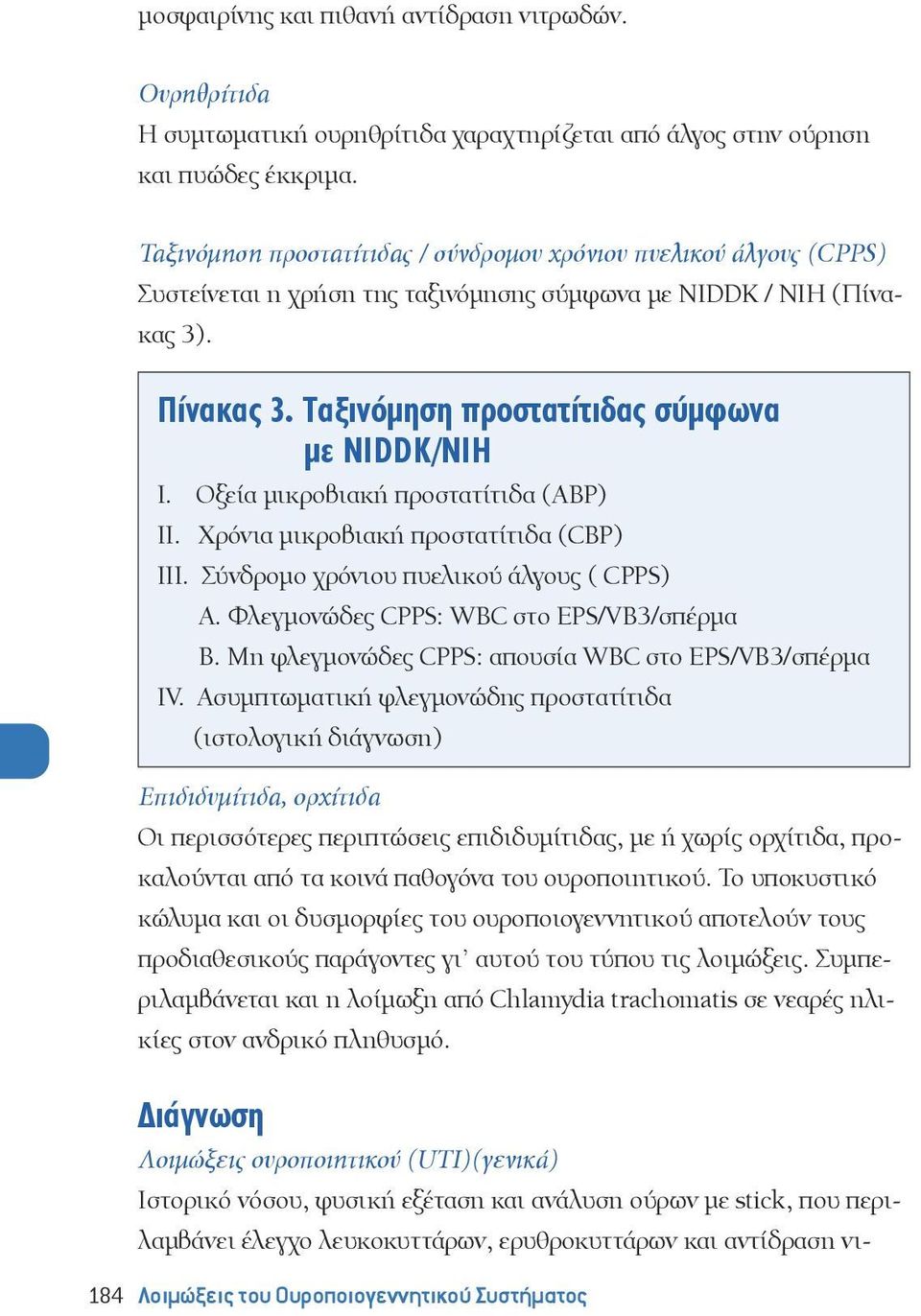 Οξεία μικροβιακή προστατίτιδα (ΑΒΡ) ΙΙ. Χρόνια μικροβιακή προστατίτιδα (CBP) ΙΙΙ. Σύνδρομο χρόνιου πυελικού άλγους ( CPPS) Α. Φλεγμονώδες CPPS: WBC στο EPS/VB3/σπέρμα Β.