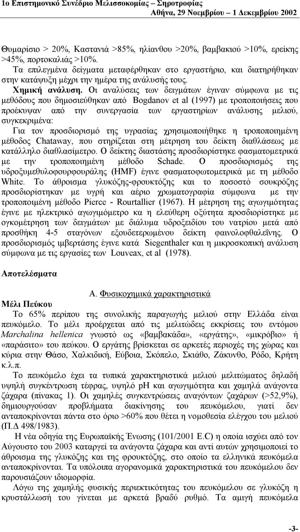 Οι αναλύσεις των δειγμάτων έγιναν σύμφωνα με τις μεθόδους που δημοσιεύθηκαν από Bogdanov et al (1997) με τροποποιήσεις που προέκυψαν από την συνεργασία των εργαστηρίων ανάλυσης μελιού, συγκεκριμένα: