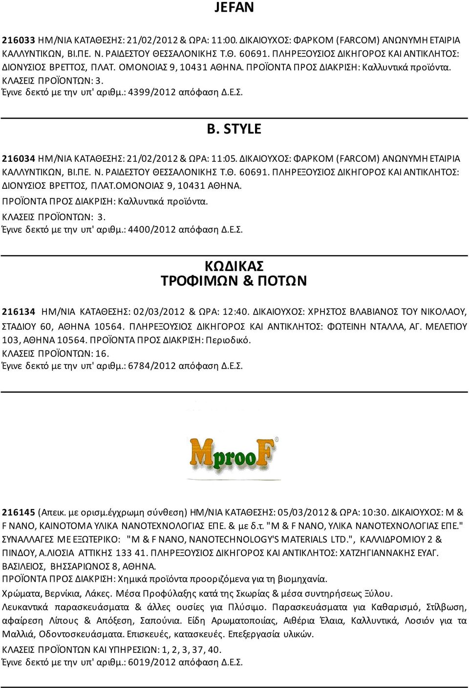 : 4399/2012 απόφαση Δ.Ε.Σ. B. STYLE 216034 ΗΜ/ΝΙΑ ΚΑΤΑΘΕΣΗΣ: 21/02/2012 & ΩΡΑ: 11:05. ΔΙΚΑΙΟΥΧΟΣ: ΦΑΡΚΟΜ (FARCOM) ΑΝΩΝΥΜΗ ΕΤΑΙΡΙΑ ΚΑΛΛΥΝΤΙΚΩΝ, ΒΙ.ΠΕ. Ν. ΡΑΙΔΕΣΤΟΥ ΘΕΣΣΑΛΟΝΙΚΗΣ Τ.Θ. 60691.