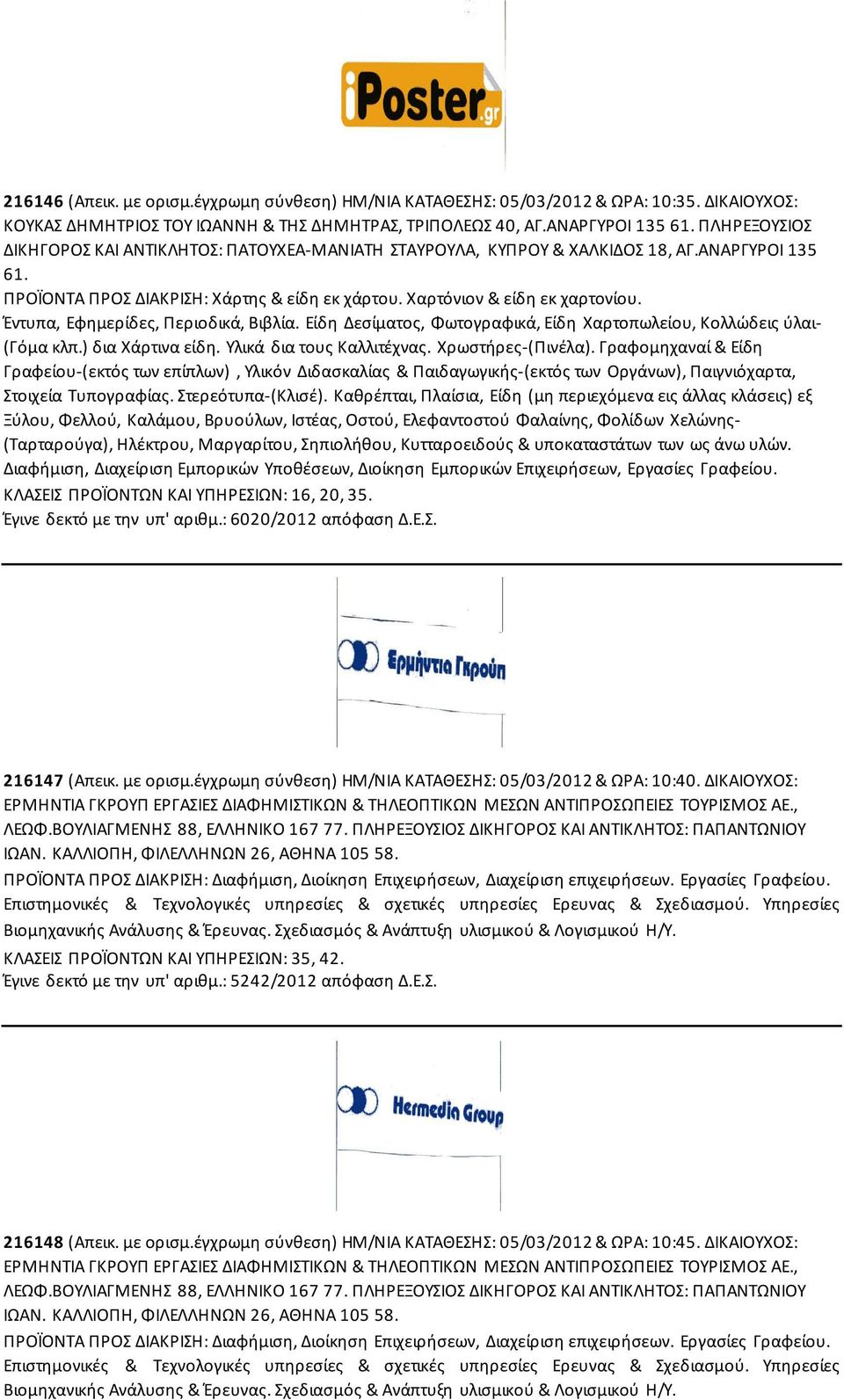 Έντυπα, Εφημερίδες, Περιοδικά, Βιβλία. Είδη Δεσίματος, Φωτογραφικά, Είδη Χαρτοπωλείου, Κολλώδεις ύλαι- (Γόμα κλπ.) δια Χάρτινα είδη. Υλικά δια τους Καλλιτέχνας. Χρωστήρες-(Πινέλα).