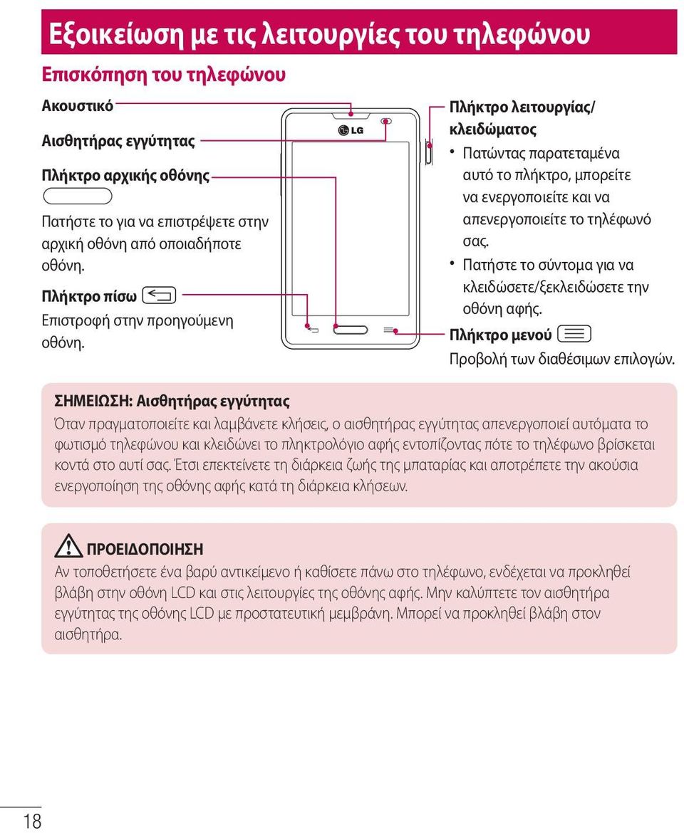 Πατήστε το σύντομα για να κλειδώσετε/ξεκλειδώσετε την οθόνη αφής. Πλήκτρο μενού Προβολή των διαθέσιμων επιλογών.