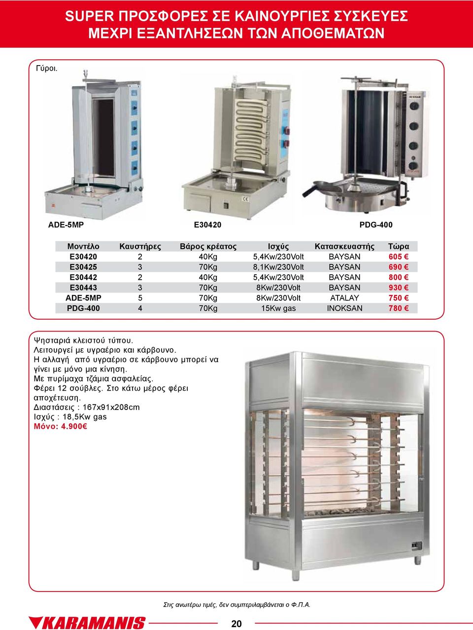 BAYSAN 690 E30442 2 40Kg 5,4Kw/230Volt BAYSAN 800 E30443 3 70Kg 8Kw/230Volt BAYSAN 930 ADE-5MP 5 70Kg 8Kw/230Volt ATALAY 750 PDG-400 4 70Kg