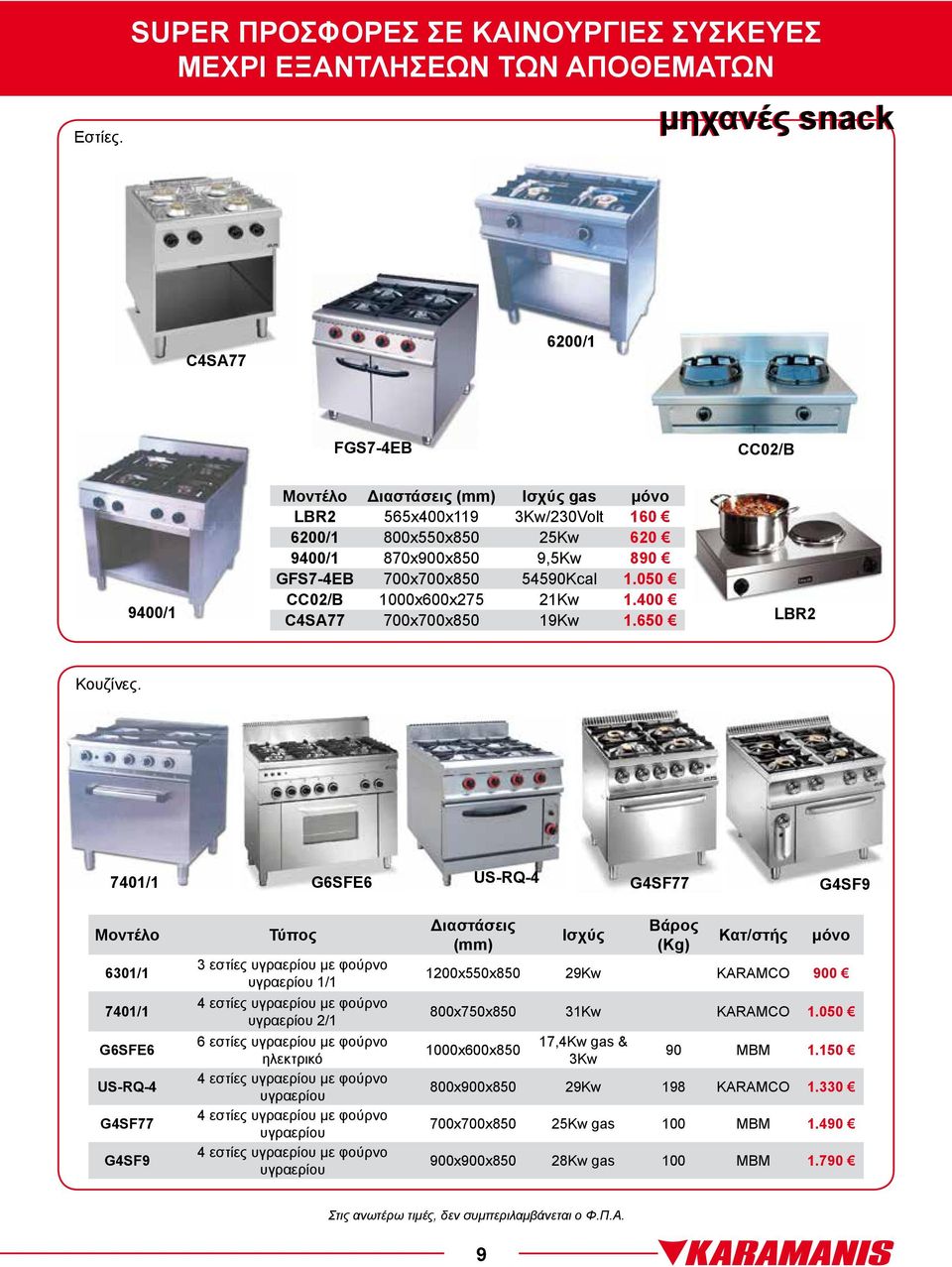 890 GFS7-4EB 700x700x850 54590Kcal 1.050 CC02/B 1000x600x275 21Kw 1.400 C4SA77 700x700x850 19Kw 1.650 LBR2 Κουζίνες.