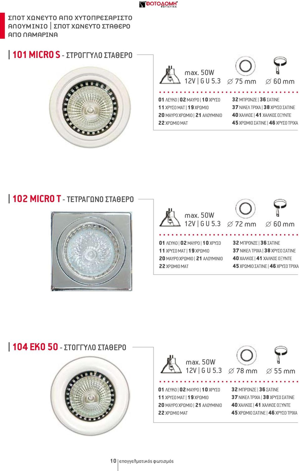 3 75 mm 60 mm 102 ΜICRO T - ΤΕΤΡΑΓΩΝΟ ΣΤΑΘΕΡΟ max. 50W 12V G U 5.