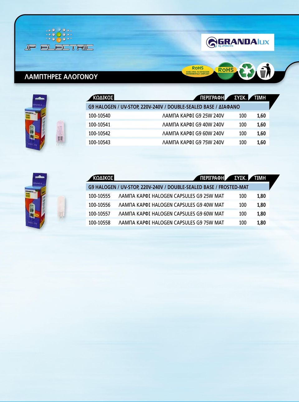 UV-STOP, 220V-240V / DOUBLE-SEALED BASE / FROSTED-MAT 100-10555 ΛΑΜΠΑ ΚΑΡΦΙ HALOGEN CAPSULES G9 25W ΜΑΤ 100 1,80 100-10556 ΛΑΜΠΑ ΚΑΡΦΙ