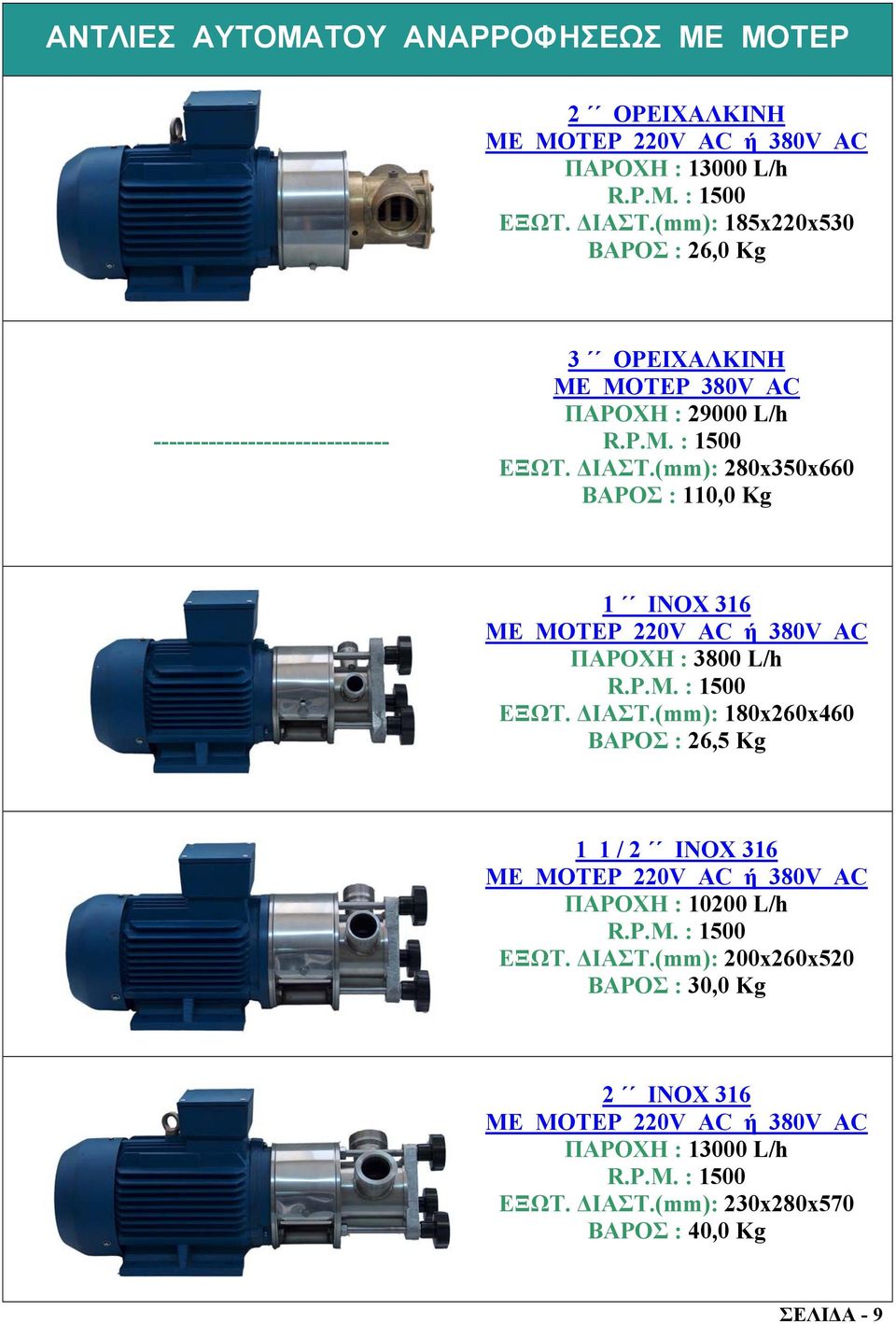 (mm): 280x350x660 ΒΑΡΟΣ : 110,0 Kg 1 INOX 316 ΜΕ ΜΟΤΕΡ 220V AC ή 380V AC ΠΑΡΟΧΗ : 3800 L/h ΕΞΩΤ. ΙΑΣΤ.