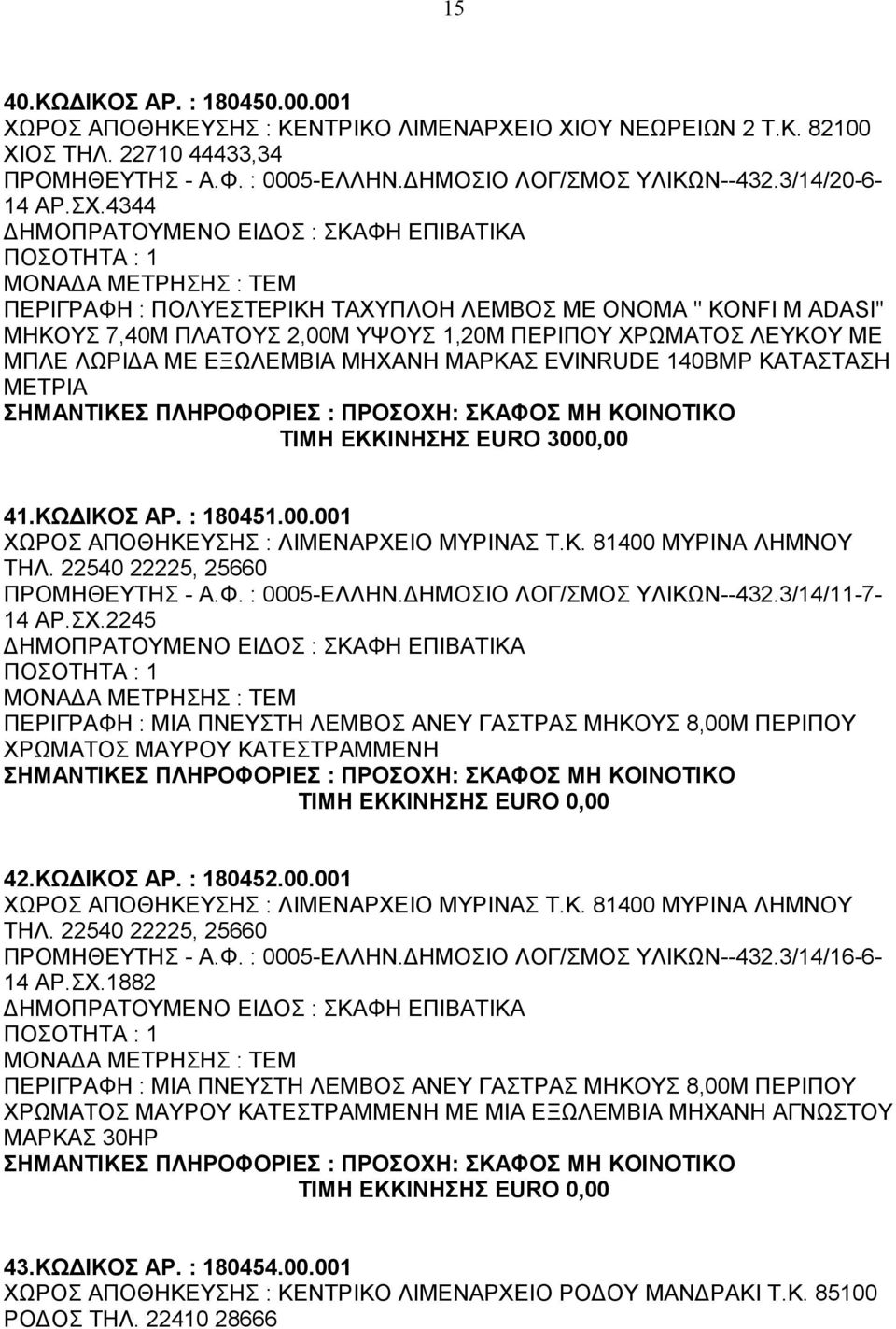 ΚΑΤΑΣΤΑΣΗ ΜΕΤΡΙΑ ΤΙΜΗ ΕΚΚΙΝΗΣΗΣ EURO 3000,00 41.ΚΩΔΙΚΟΣ ΑΡ. : 180451.00.001 ΧΩΡΟΣ ΑΠΟΘΗΚΕΥΣΗΣ : ΛΙΜΕΝΑΡΧΕΙΟ ΜΥΡΙΝΑΣ Τ.Κ. 81400 ΜΥΡΙΝΑ ΛΗΜΝΟΥ ΤΗΛ. 22540 22225, 25660 432.3/14/11-7- 14 ΑΡ.ΣΧ.