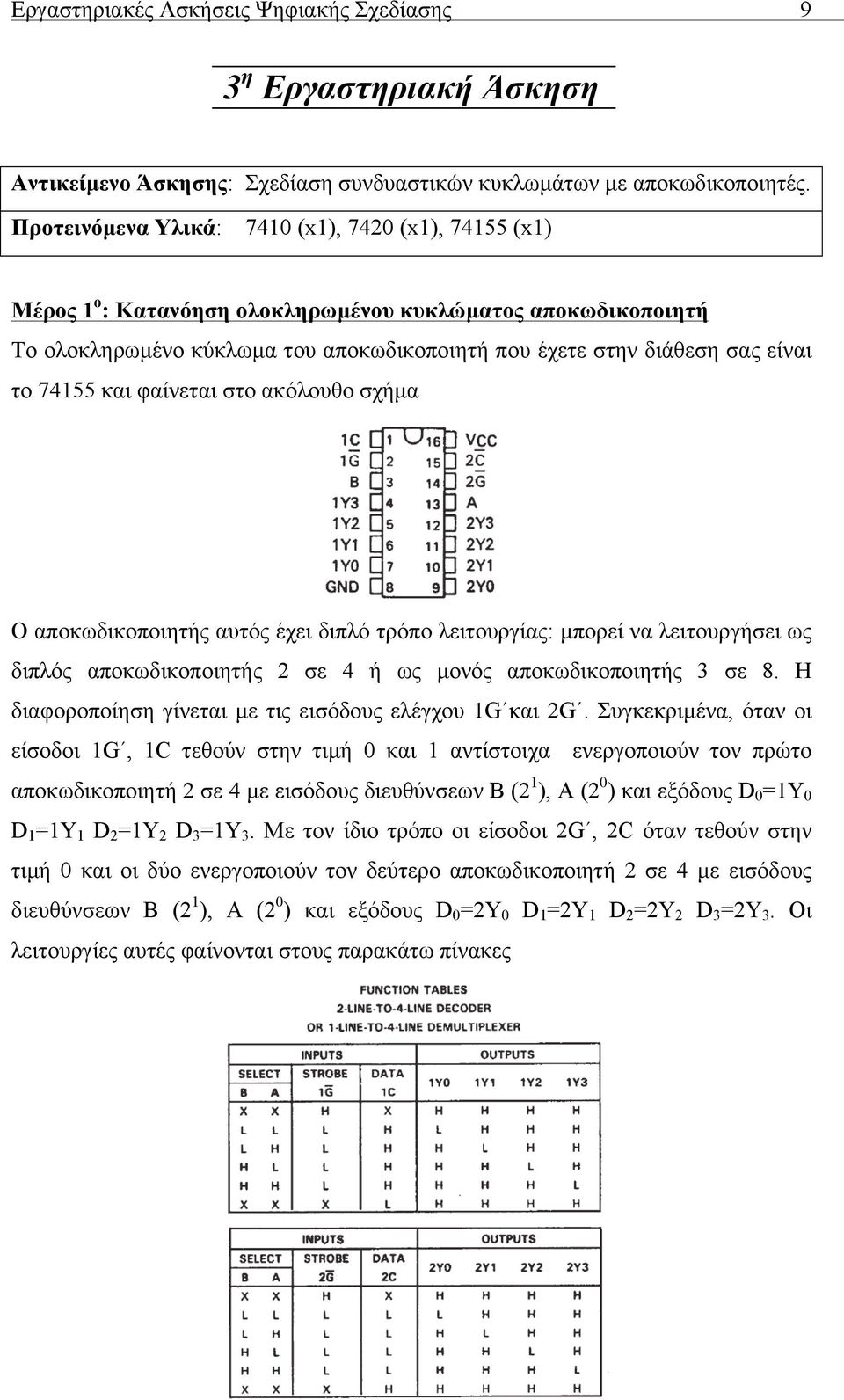 74155 και φαίνεται στο ακόλουθο σχήµα Ο αποκωδικοποιητής αυτός έχει διπλό τρόπο λειτουργίας: µπορεί να λειτουργήσει ως διπλός αποκωδικοποιητής 2 σε 4 ή ως µονός αποκωδικοποιητής 3 σε 8.