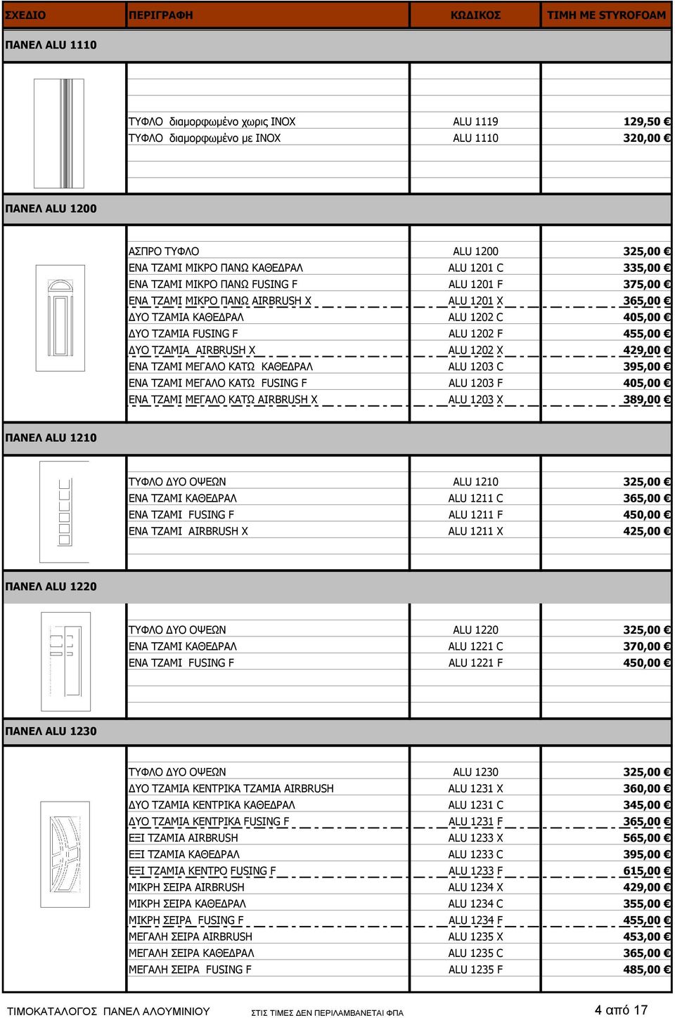 429,00 ΕΝΑ ΤΖΑΜΙ ΜΕΓΑΛΟ ΚΑΤΩ ΚΑΘΕ ΡΑΛ ALU 1203 C 395,00 ΕΝΑ ΤΖΑΜΙ ΜΕΓΑΛΟ ΚΑΤΩ FUSING F ALU 1203 F 405,00 ΕΝΑ ΤΖΑΜΙ ΜΕΓΑΛΟ ΚΑΤΩ AIRBRUSH Χ ALU 1203 Χ 389,00 ΠΑΝΕΛ ALU 1210 ΤΥΦΛΟ ΥΟ ΟΨΕΩΝ ALU 1210