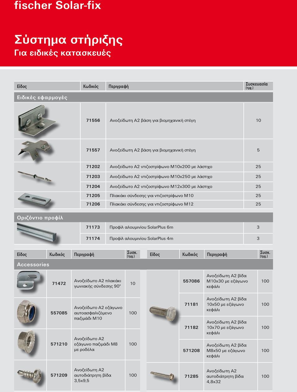 71206 Πλακάκι σύνδεσης για ντιζοστρίφωνο M12 25 Οριζόντιο προφίλ 71173 Προφίλ αλουμινίου SolarPlus 6m 3 71174 Προφίλ αλουμινίου SolarPlus 4m 3 Είδος Κωδικός Περιγραφή Συσκ.