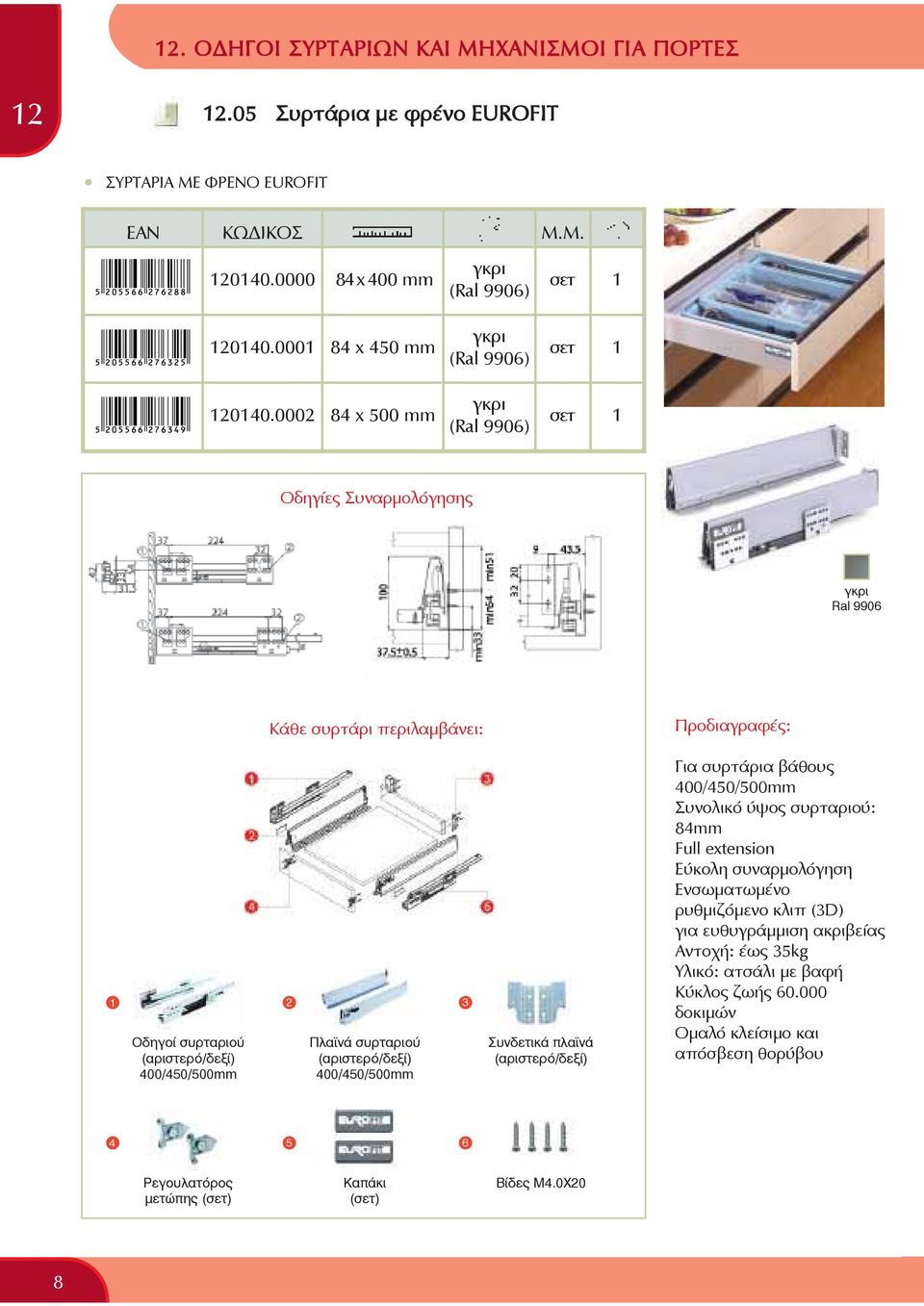 (αριστερό/δεξί) 400/450/500mm 2 Πλανά συρταριού (αριστερό/δεξί) 400/450/500mm 3 Συνδετικά πλανά (αριστερό/δεξί) Για συρτάρια βάθους 400/450/500mm Συνολικό ύψος συρταριού: 84mm Full extension