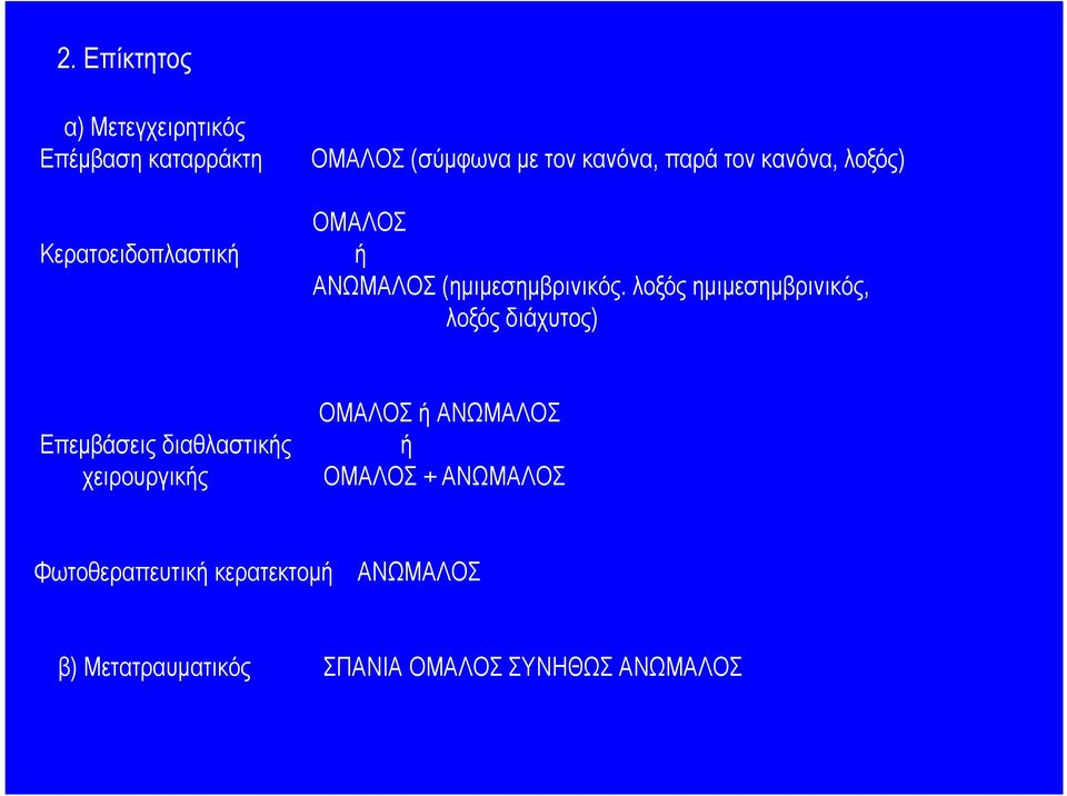 λοξός ηµιµεσηµβρινικός, λοξός διάχυτος) Επεµβάσεις διαθλαστικής χειρουργικής ΟΜΑΛΟΣ ή