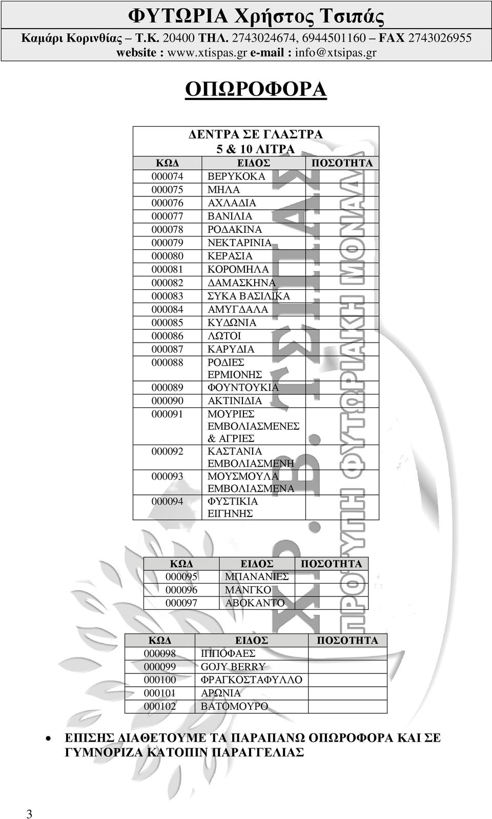 ΑΚΤΙΝΙΔΙΑ 000091 ΜΟΥΡΙΕΣ ΕΜΒΟΛΙΑΣΜΕΝΕΣ & ΑΓΡΙΕΣ 000092 ΚΑΣΤΑΝΙΑ ΕΜΒΟΛΙΑΣΜΕΝΗ 000093 ΜΟΥΣΜΟΥΛΑ ΕΜΒΟΛΙΑΣΜΕΝΑ 000094 ΦΥΣΤΙΚΙΑ ΕΙΓΗΝΗΣ 000095 ΜΠΑΝΑΝΙΕΣ 000096 ΜΑΝΓΚΟ