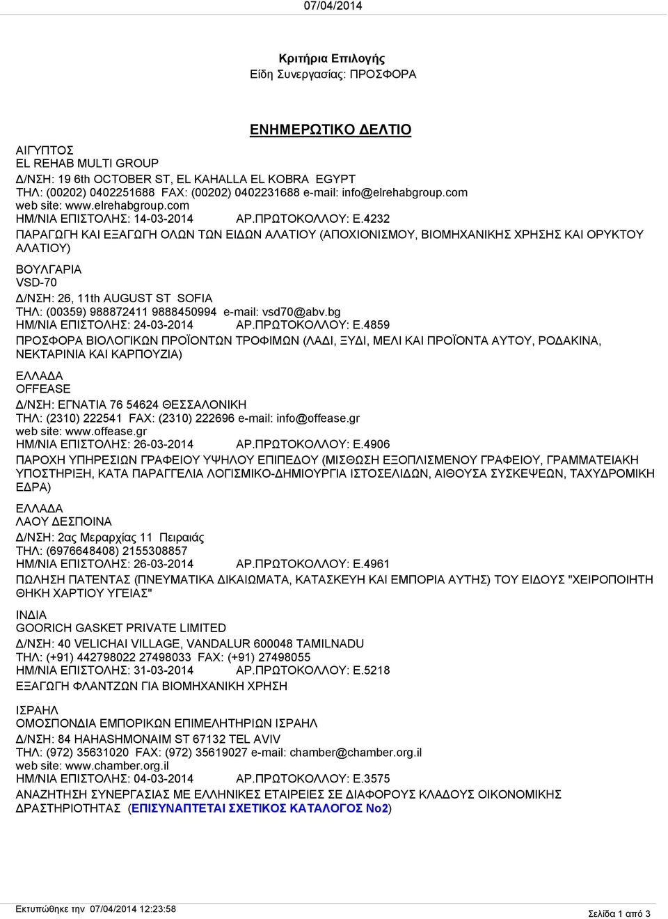 4232 ΠΑΡΑΓΩΓΗ ΚΑΙ ΕΞΑΓΩΓΗ ΟΛΩΝ ΤΩΝ ΕΙΔΩΝ ΑΛΑΤΙΟΥ (ΑΠΟΧΙΟΝΙΣΜΟΥ, ΒΙΟΜΗΧΑΝΙΚΗΣ ΧΡΗΣΗΣ ΚΑΙ ΟΡΥΚΤΟΥ ΑΛΑΤΙΟΥ) ΒΟΥΛΓΑΡΙΑ VSD-70 Δ/ΝΣΗ: 26, 11th AUGUST ST SOFIA ΤΗΛ: (00359) 988872411 9888450994 e-mail: