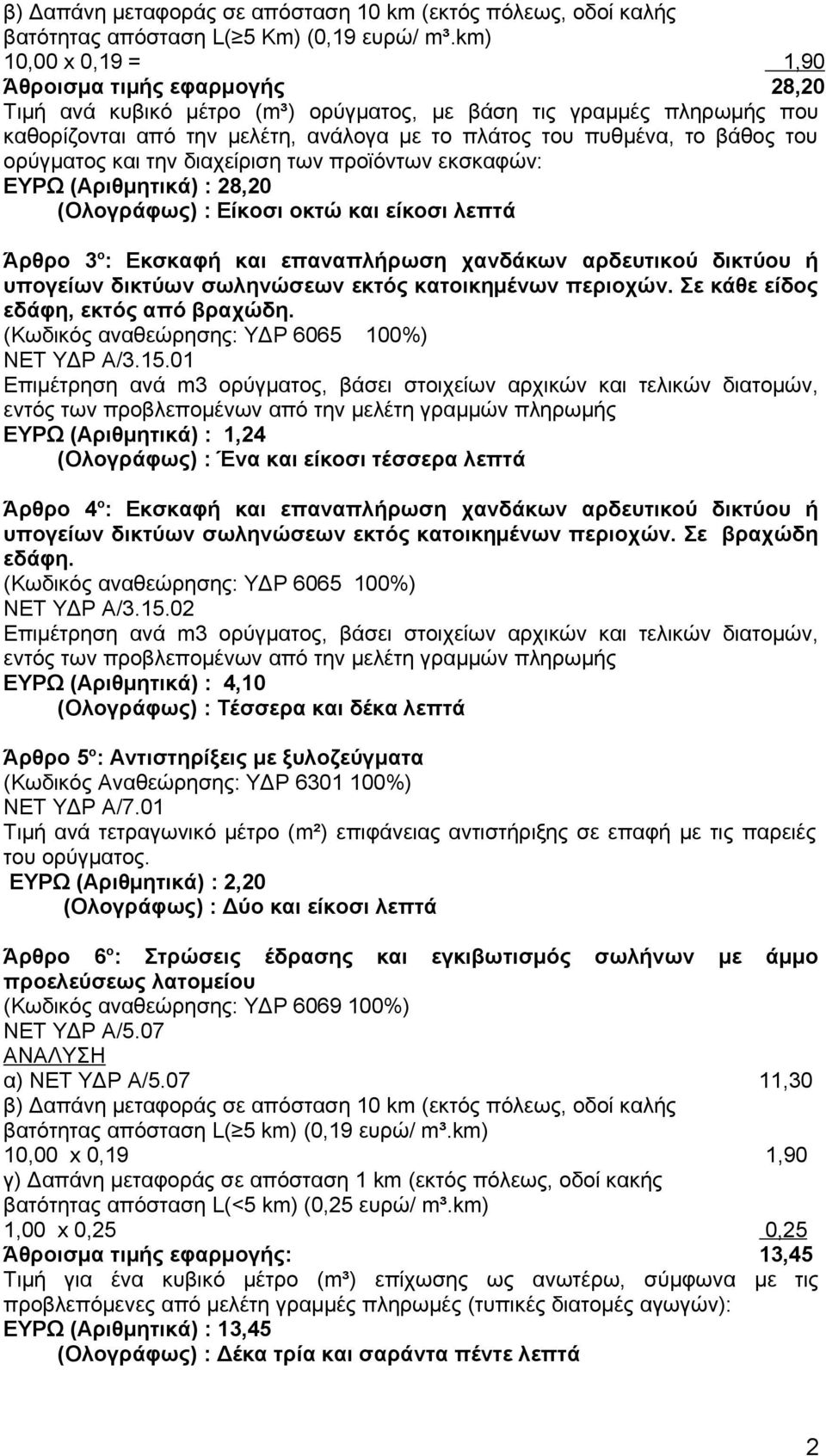 διαχείριση των προϊόντων εκσκαφών: ΕΥΡΩ (Αριθμητικά) : 28,20 (Ολογράφως) : Είκοσι οκτώ και είκοσι λεπτά Άρθρο 3 ο : Εκσκαφή και επαναπλήρωση χανδάκων αρδευτικού δικτύου ή υπογείων δικτύων σωληνώσεων