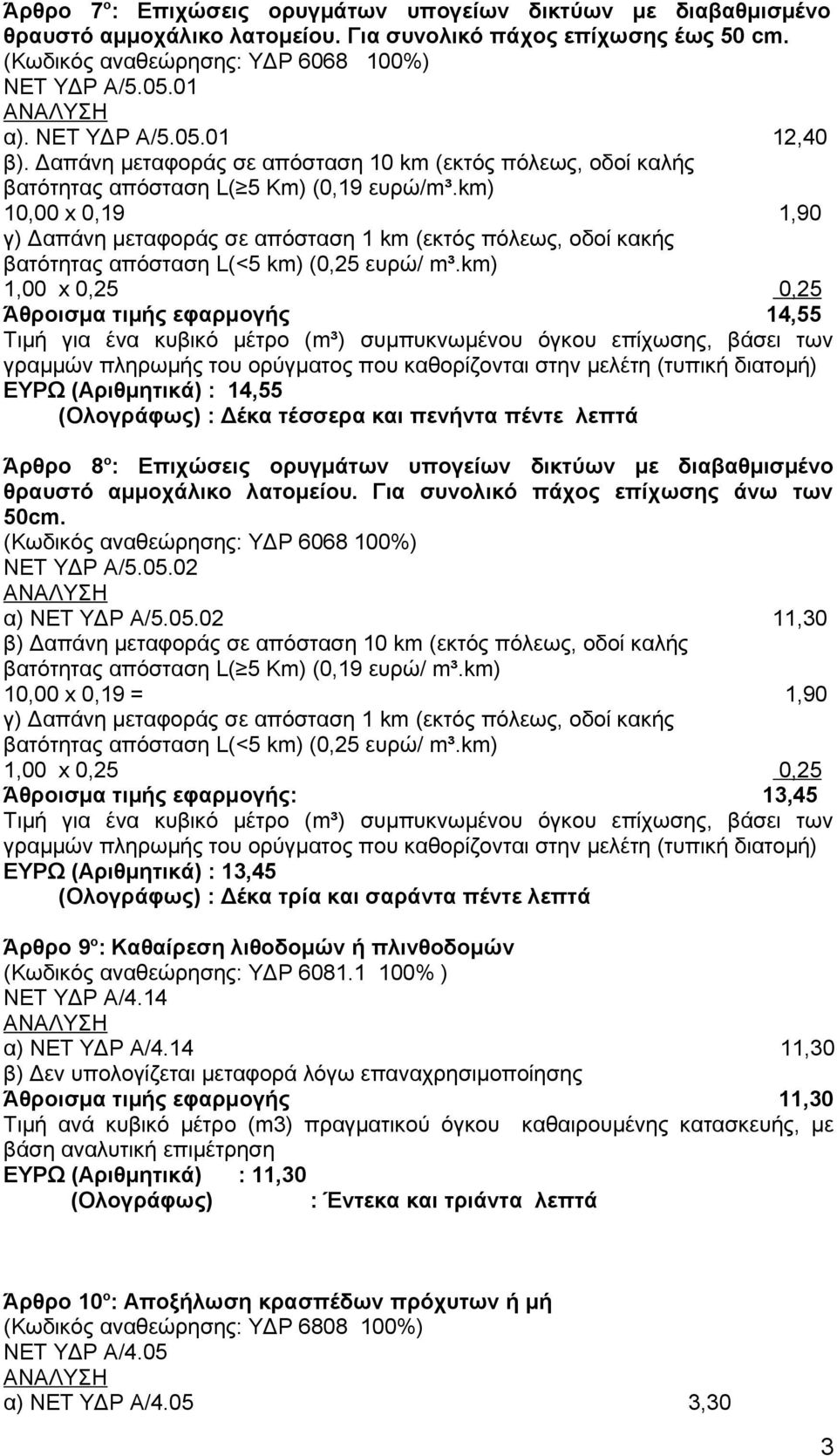 km) 10,00 x 0,19 1,90 γ) Δαπάνη μεταφοράς σε απόσταση 1 km (εκτός πόλεως, οδοί κακής βατότητας απόσταση L(<5 km) (0,25 ευρώ/ m³.