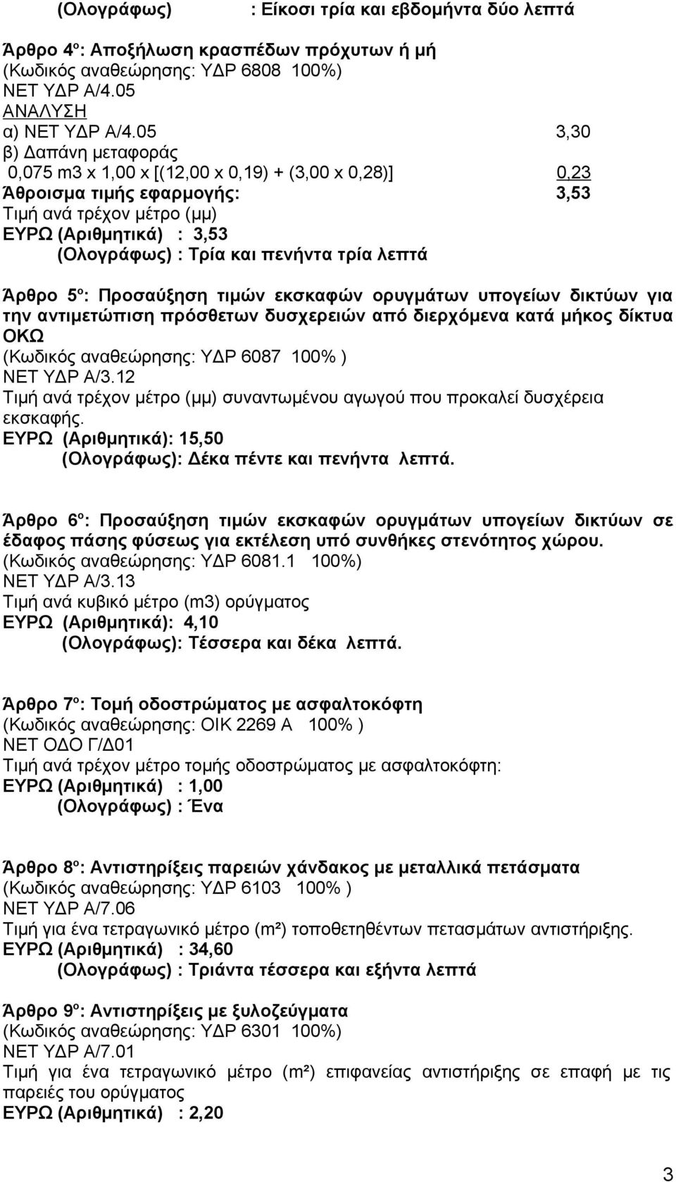 τρία λεπτά Άρθρο 5 ο : Προσαύξηση τιμών εκσκαφών ορυγμάτων υπογείων δικτύων για την αντιμετώπιση πρόσθετων δυσχερειών από διερχόμενα κατά μήκος δίκτυα ΟΚΩ (Κωδικός αναθεώρησης: ΥΔΡ 6087 100% ) ΝΕΤ