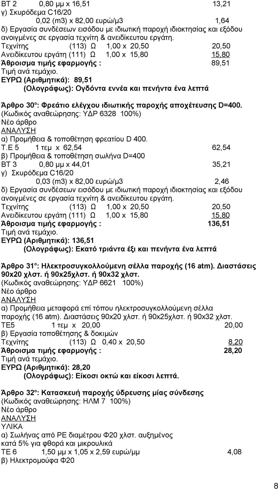 ΕΥΡΩ (Αριθμητικά): 89,51 (Ολογράφως): Ογδόντα εννέα και πενήντα ένα λεπτά Άρθρο 30 ο : Φρεάτιο ελέγχου ιδιωτικής παροχής αποχέτευσης D=400.