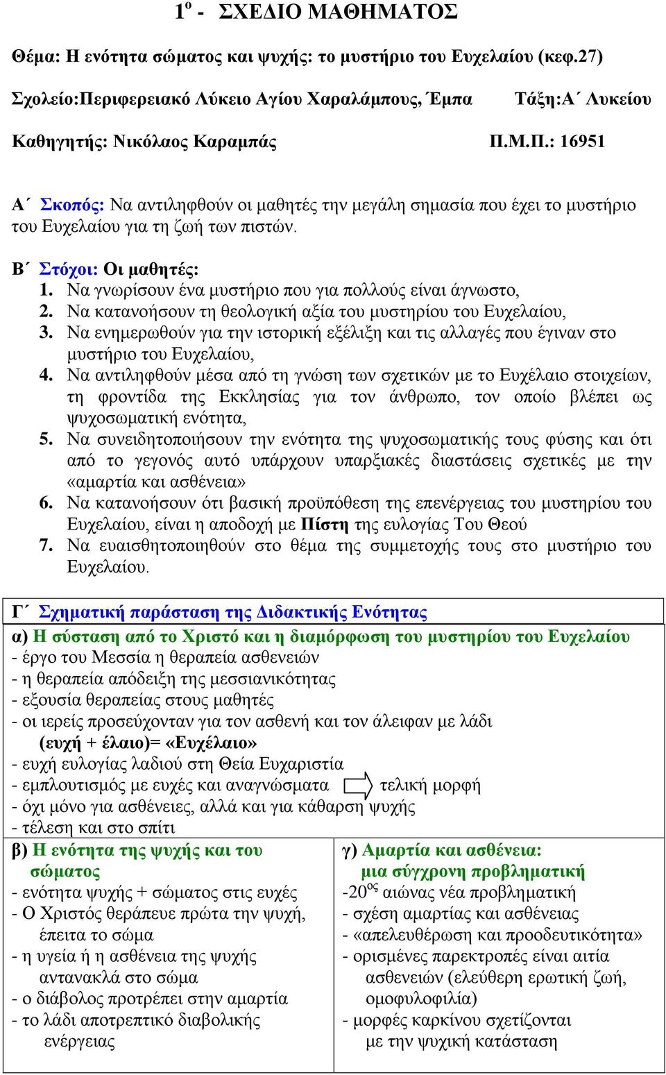 Μ.Π.: 16951 Α Σκοπός: Να αντιληφθούν οι μαθητές την μεγάλη σημασία που έχει το μυστήριο του Ευχελαίου για τη ζωή των πιστών. Β Στόχοι: Οι μαθητές: 1.