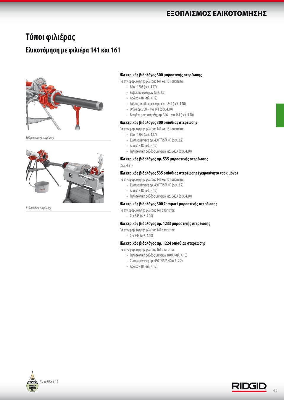 4.7) Σωληνομέγγενη αρ. 460 TRISTAND (σελ. 2.2) Λαδικό 48 (σελ. 4.2) Τηλεσκοπική ράβδος Universal αρ. 840A (σελ. 4.0) Ηλεκτρικός βιδολόγος αρ. 535 μπροστινής στερέωσης (σελ. 4.2) Ηλεκτρικός βιδολόγος 535 οπίσθιας στερέωσης (χειροκίνητο τσοκ μόνο) Για την εφαρμογή της φιλιέρας 4 και 6 απαιτείται: Σωληνομέγγενη αρ.