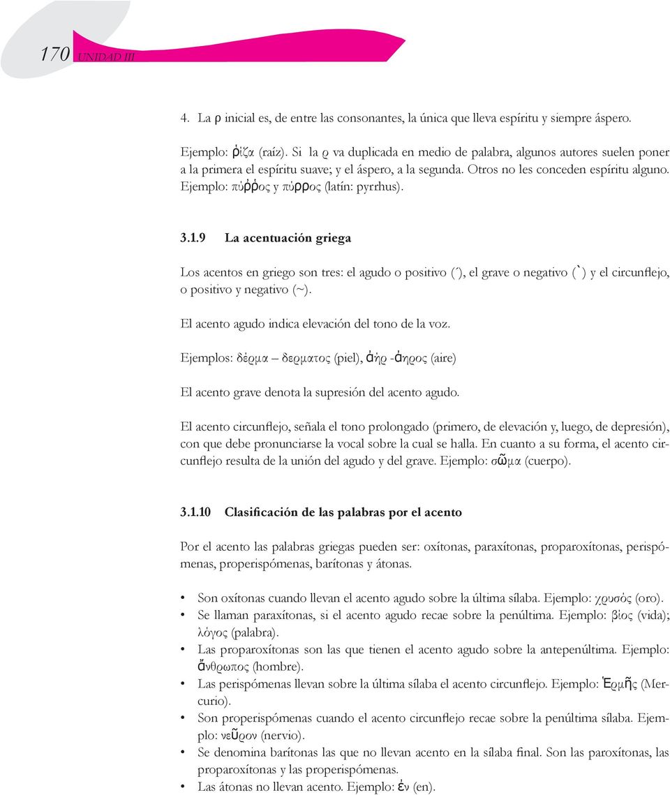 Ejemplo: πύῤῥος y πύρρος (latín: pyrrhus). 3.1.9 La acentuación griega Los acentos en griego son tres: el agudo o positivo ( ), el grave o negativo (`) y el circunflejo, o positivo y negativo (~).