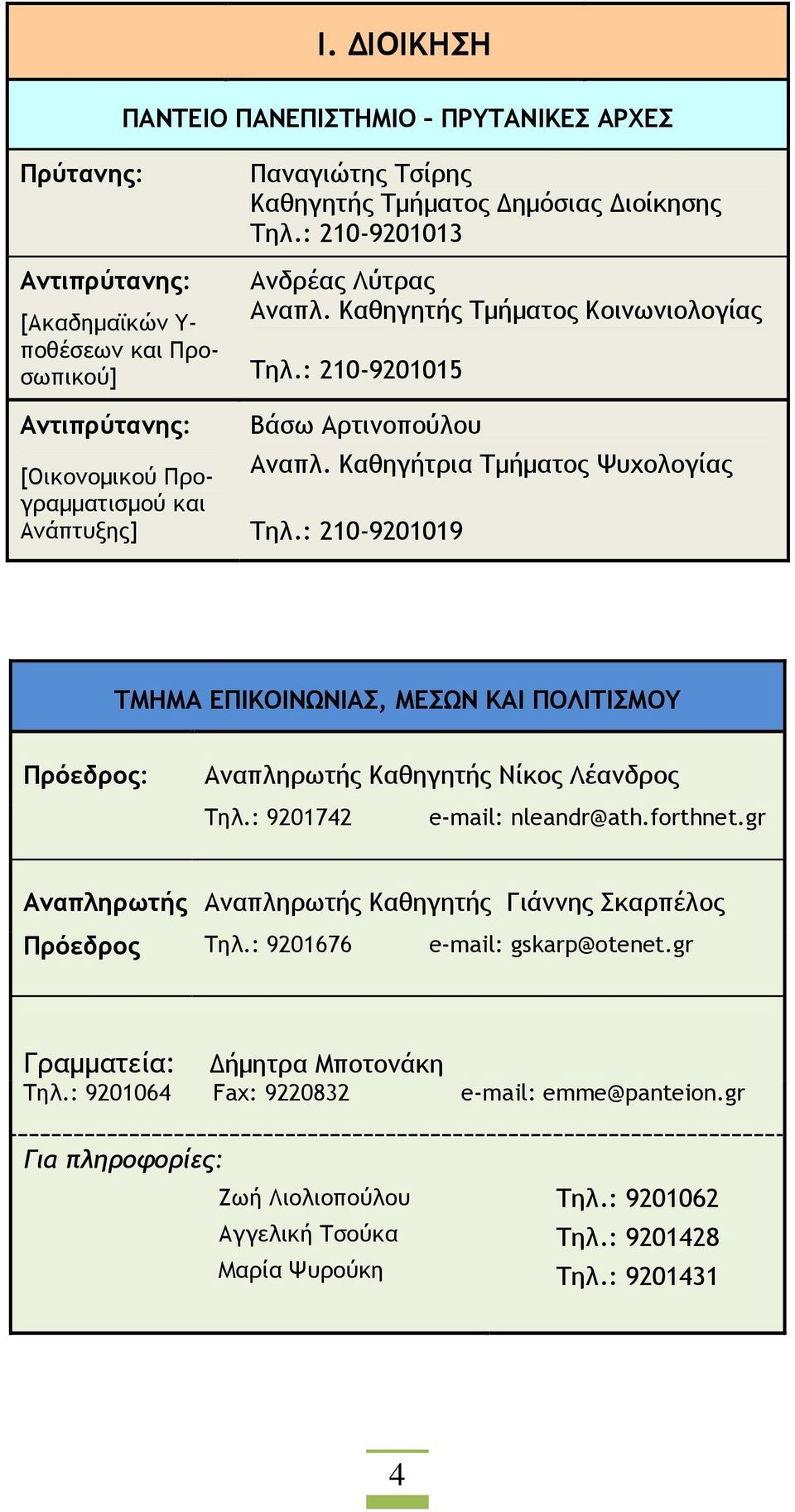 : 210-9201019 ΤΜΗΜΑ ΕΠΙΚΟΙΝΩΝΙΑΣ, ΜΕΣΩΝ ΚΑΙ ΠΟΛΙΤΙΣΜΟΥ Πρόεδρος: Αναπληρωτής Καθηγητής Νίκος Λέανδρος Τηλ.: 9201742 e-mail: nleandr@ath.forthnet.