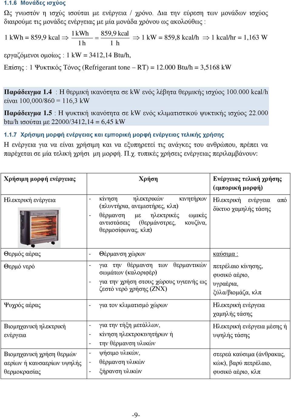 kcal/h 1 kcal/hr = 1,163 W 1 h Επίσης : 1 Ψυκτικός Τόνος (Refrigerant tone RT) = 12.000 Btu/h = 3,5168 kw Παράδειγμα 1.4 : Η θερμική ικανότητα σε kw ενός λέβητα θερμικής ισχύος 100.